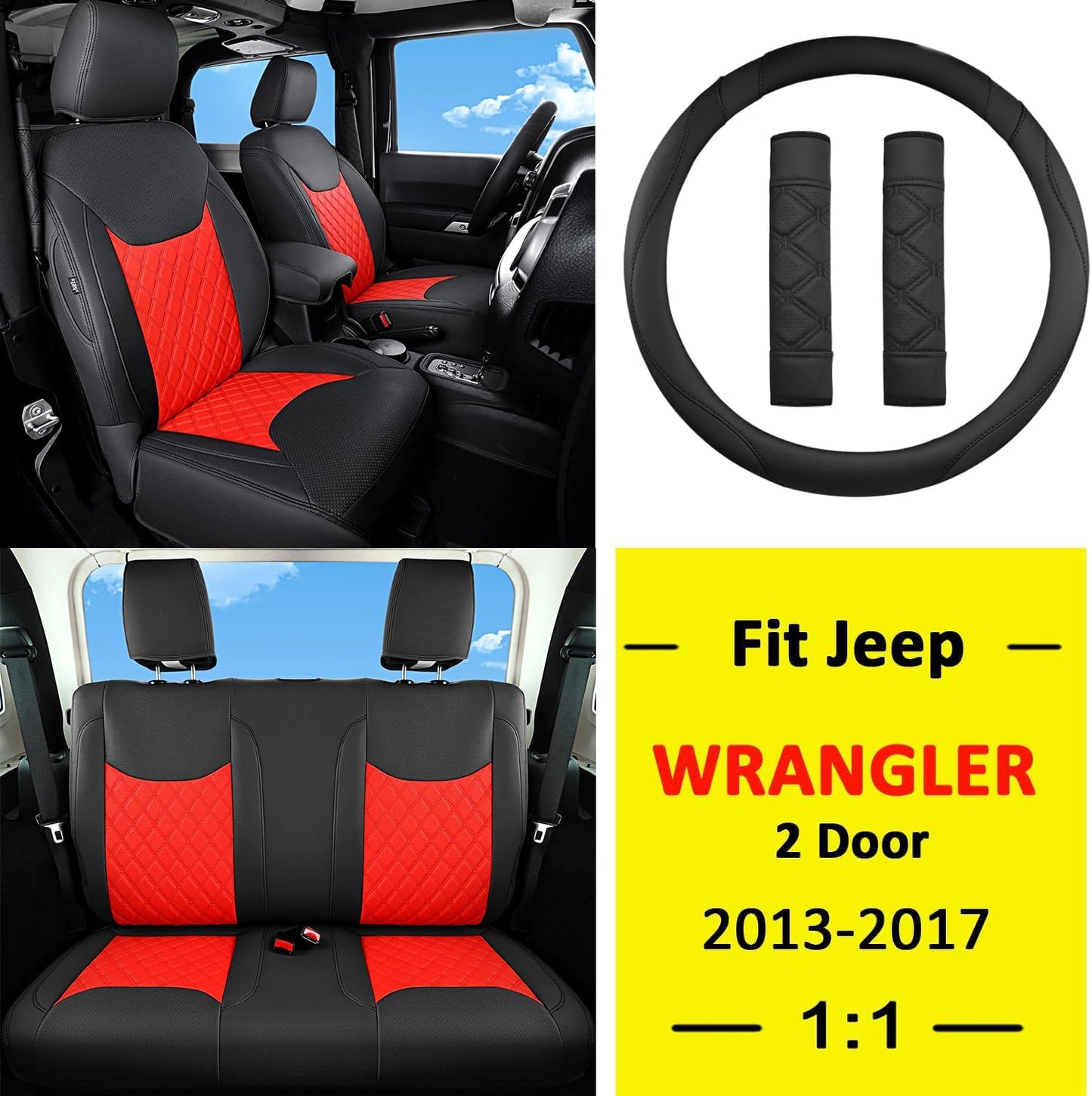 GIANT PANDA Customized Full Set Car Seat Covers for Jeep Wrangler 2 Door JK Sport Sahara Rubicon Freedom Willys Wheeler 2013 2014 2015 2016 2017, Faux Leather - (Black+Red)
