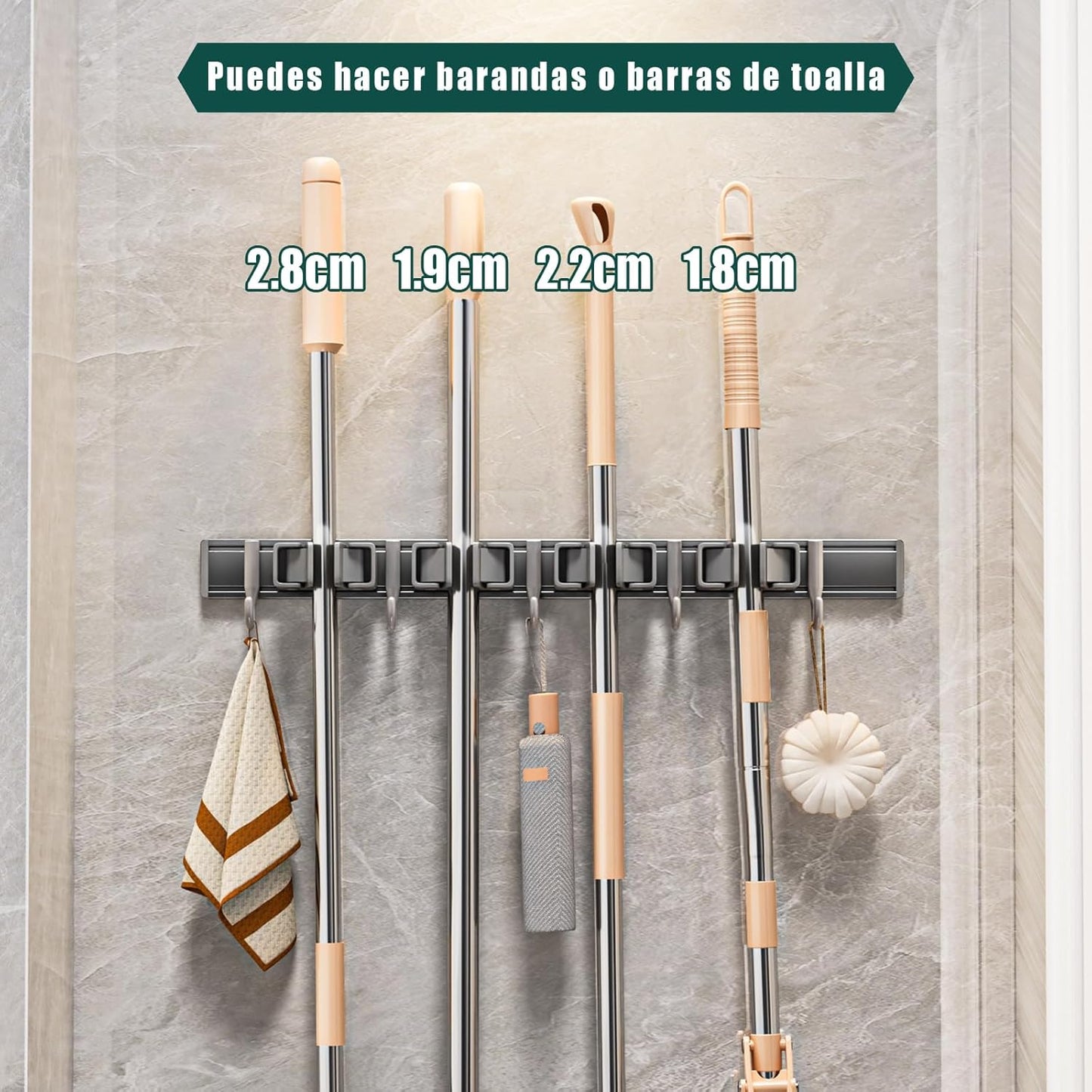 Broom Holder Wall Mount Movable Hooks and Clips Mop and Broom Hanger Wall Mounted Aluminum Garage Tool Organizer Storage adhesive (30cm, Grey)