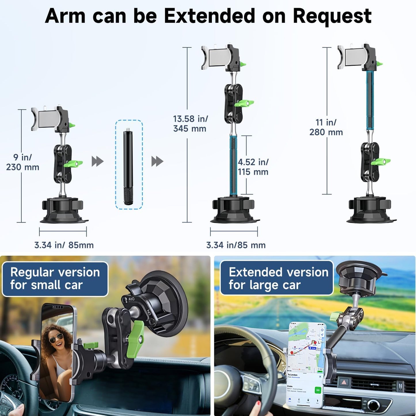 HEMMOTOP Suction Cup Car Phone Mount, 12 in Heavy Duty Metal Cell Phone Holder for Windshield, 360° Rotation Vacuum Magic Arm for iPhone All Smartphone & Cars Truck