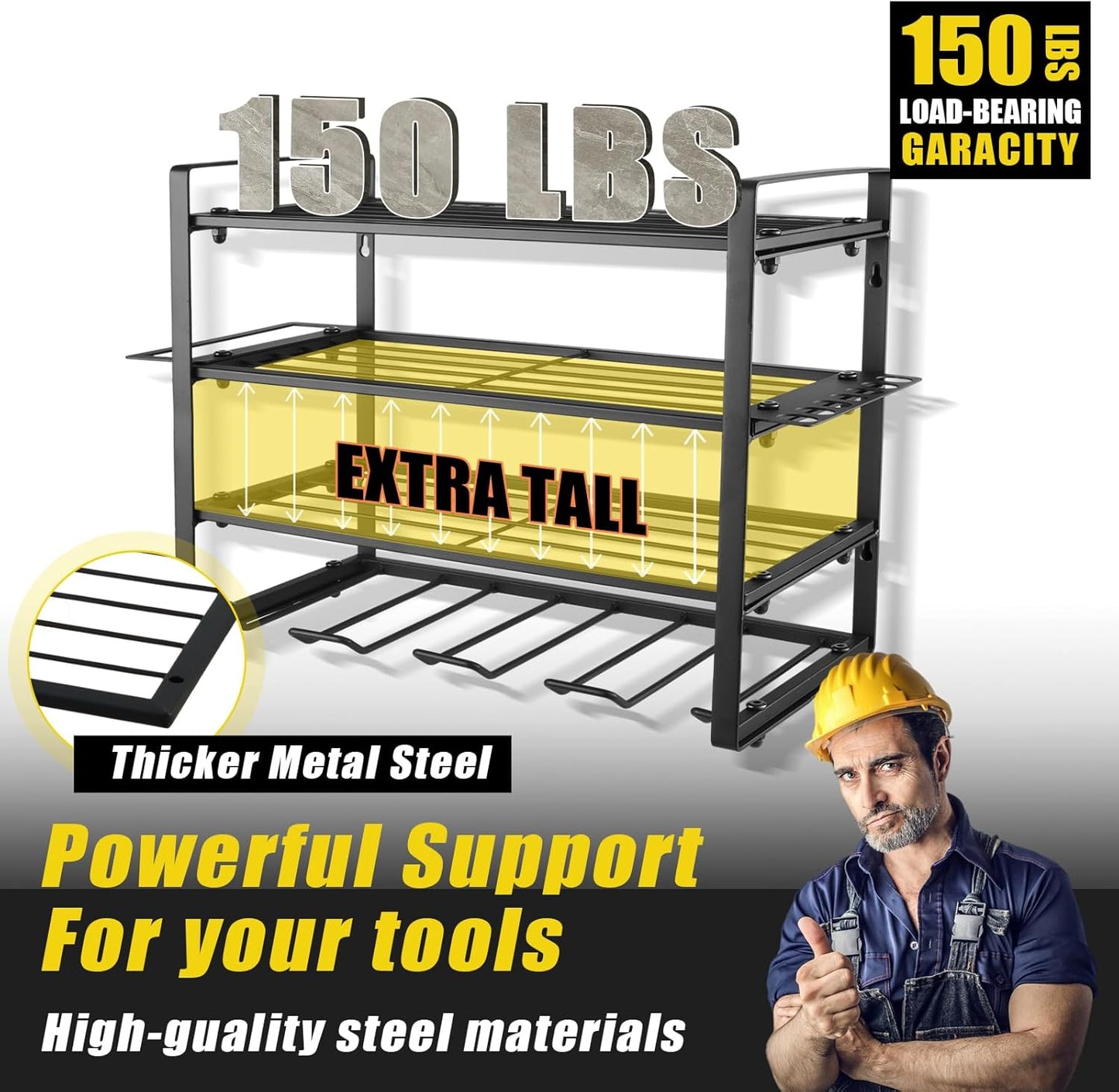 4 Layers Power Tool Organizer Wall Mount, Garage Wall Shelving, 4 Drill Holder Wall Mount, Cordless Tool Organizer, Garage Storage Rack with 4 Extension Cord Holder