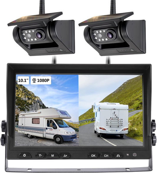 10.1" - 2 Magnetic Solar Wireless Backup Camera, HD 1080P DVR Monitor, Dual RV Cameras System for Hitch Towing RV Camper Trailer, IR Night Vision, Rechargeable Battery, Type-C Charging, SR2