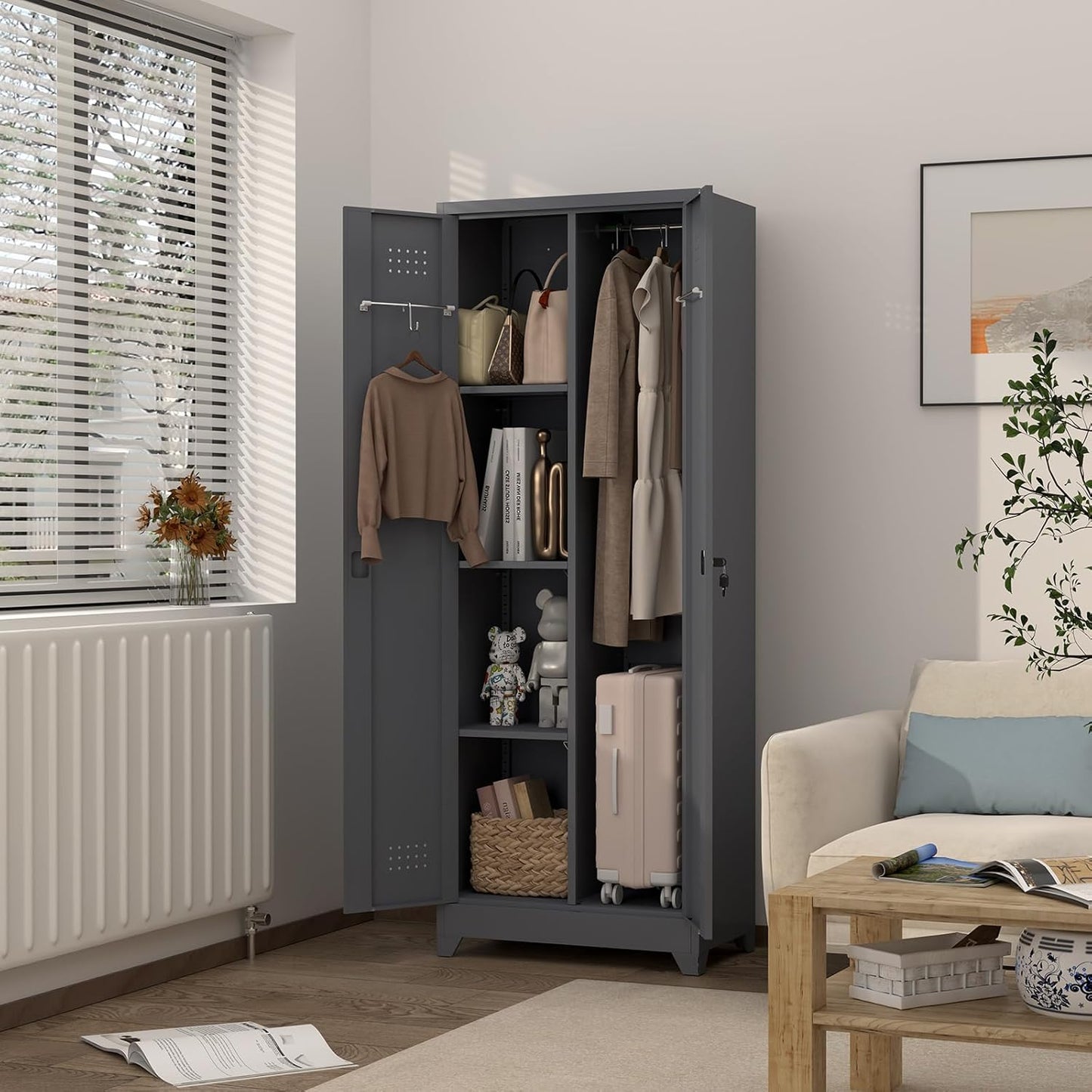 GREATMEET 65" H Metal Garage Storage Cabinets with Lock Door and Adjustable Shelves,Grey Broom Closet Storage Cabinet for Cleaning Supplies for Garage, Bathroom,Kitchen,Home