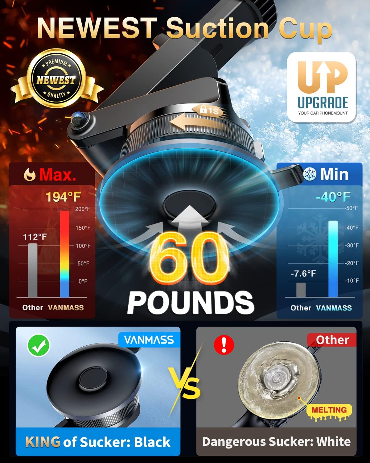 VANMASS Ace Car Phone Holder Mount New Upgraded [Military Steel Hook & Super Suction Cup] Handsfree Cell Phone Holder Car Dash Windshield Air Vent Stand for iPhone 14 13 12 Pro Max Samsung Truck,Blue