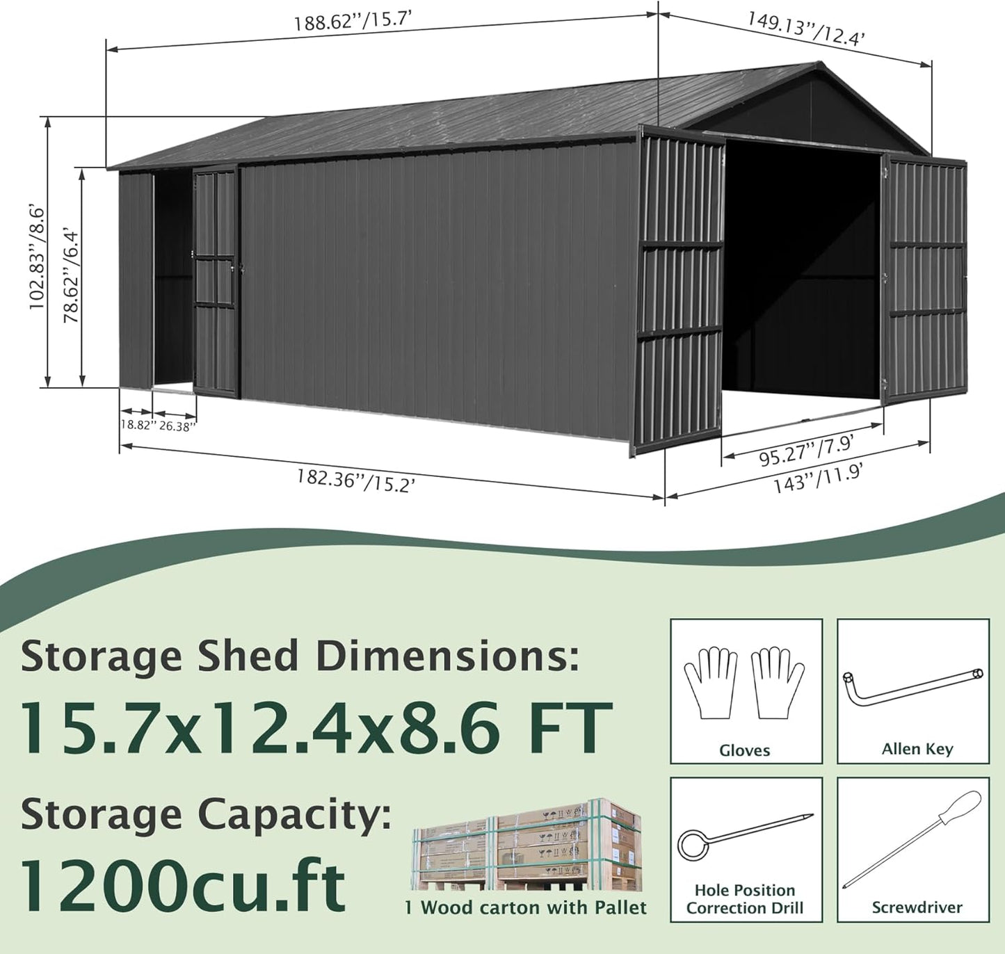 Domi 12’x15’ Outdoor Metal Garage Shed, Weatherproof Enclosed Carport with Sidewalls & 2 Lockable Doors, Backyard Storage Shed for Car, Bike, Motorcycle, Lawn Mower, 80MPH Wind Resistance, Dark Grey