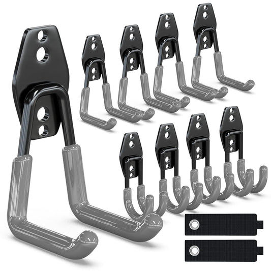 3-H Garage Wall Hooks 10 Pack, Heavy Duty Garage Hooks with Extra Welding Spots, Wall Mount Storage Organizer for Hanging Garden Lawn Tools, Chair, Shovel, Blower, Toolkit (Grey)