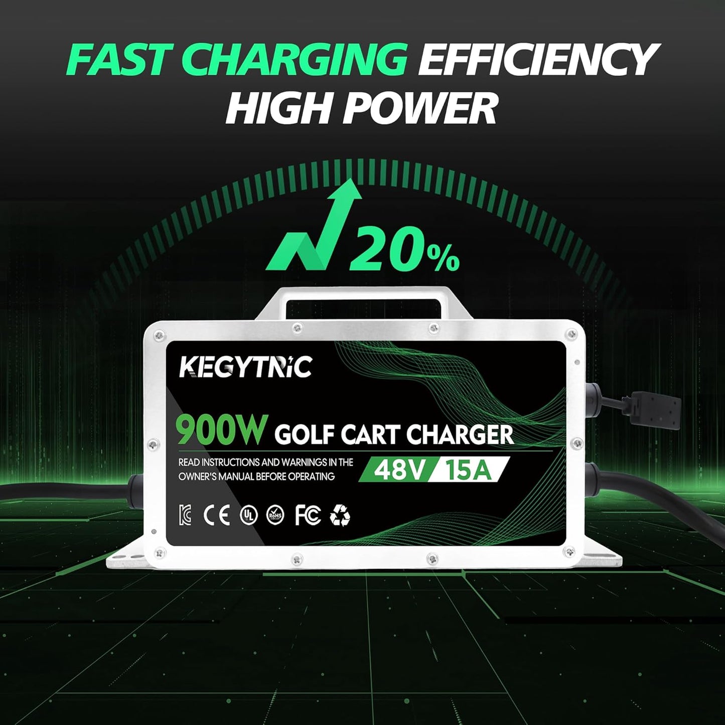 15 AMP 48 Volt Golf Cart Battery Charger for Club Car with 3-Pin Round Plug, 20% Faster & Safer, 900W Club Car Battery Charger for Lead Acid Battery, Automatic Power-Off Protection & IP67 Waterproof