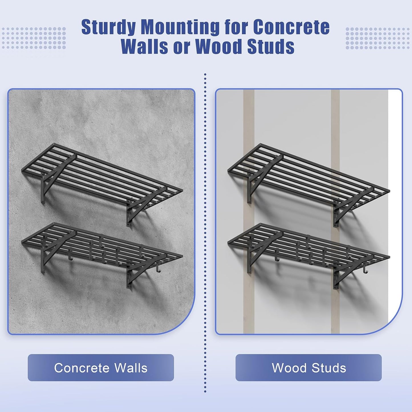 4-Pack 1.5x4ft Garage Shelving Wall Mounted, 1.5 x 4' Heavy Duty Garage Storage Shelves with Hooks, 800LB Capacity