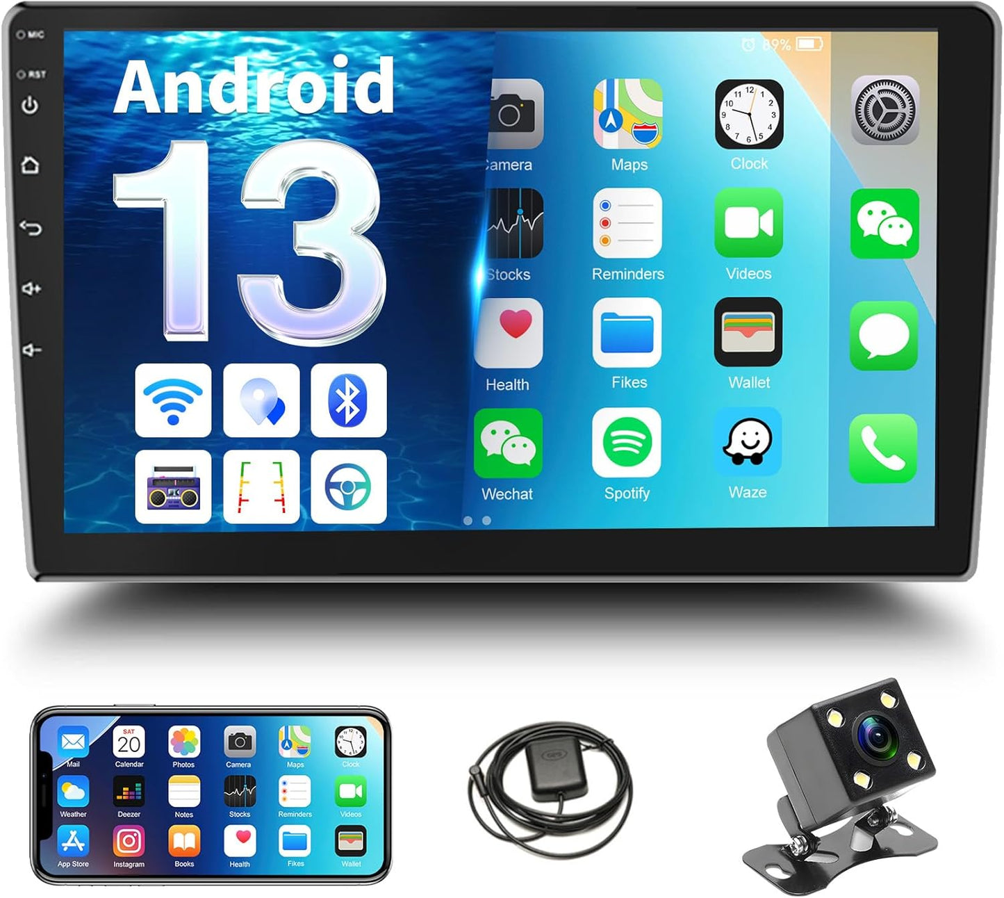 Double Din Car Stereo Radio Receiver, 10.1” 2.5D Curved HD Touch Screen Head Unit Multimedia Player, Support Rear View Camera&Android iOS Mirror Link Dual USB Input+License Plate Camera