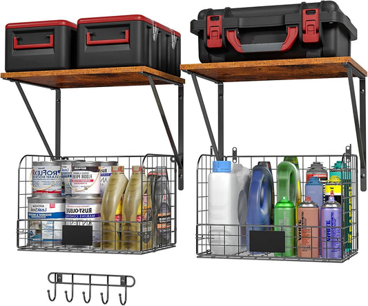 2 Pack Garage Shelves Wall Mounted with Wire Storage baskets, Heavy Duty Garage Wall Shelving with Hooks, Wooden floating shelves Tool Organizer for Home Garden Garage Organizers and Storage