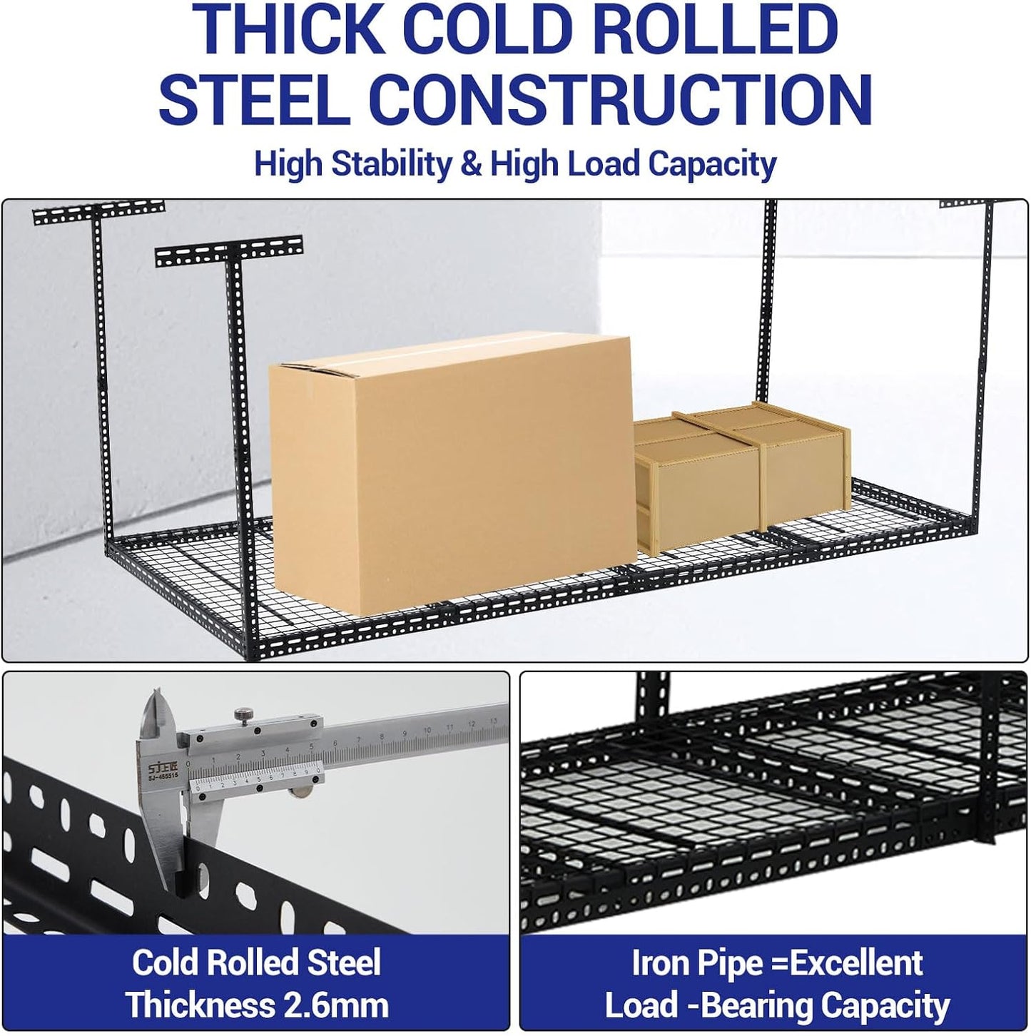 Overhead Garage Storage Rack 4x8 FT, Steel Ceiling Shelves 330lb Capacity, Height Adjustable 22-40 Inches, Space-Saving for Attic Basement Shed (Black, 4 Posts)