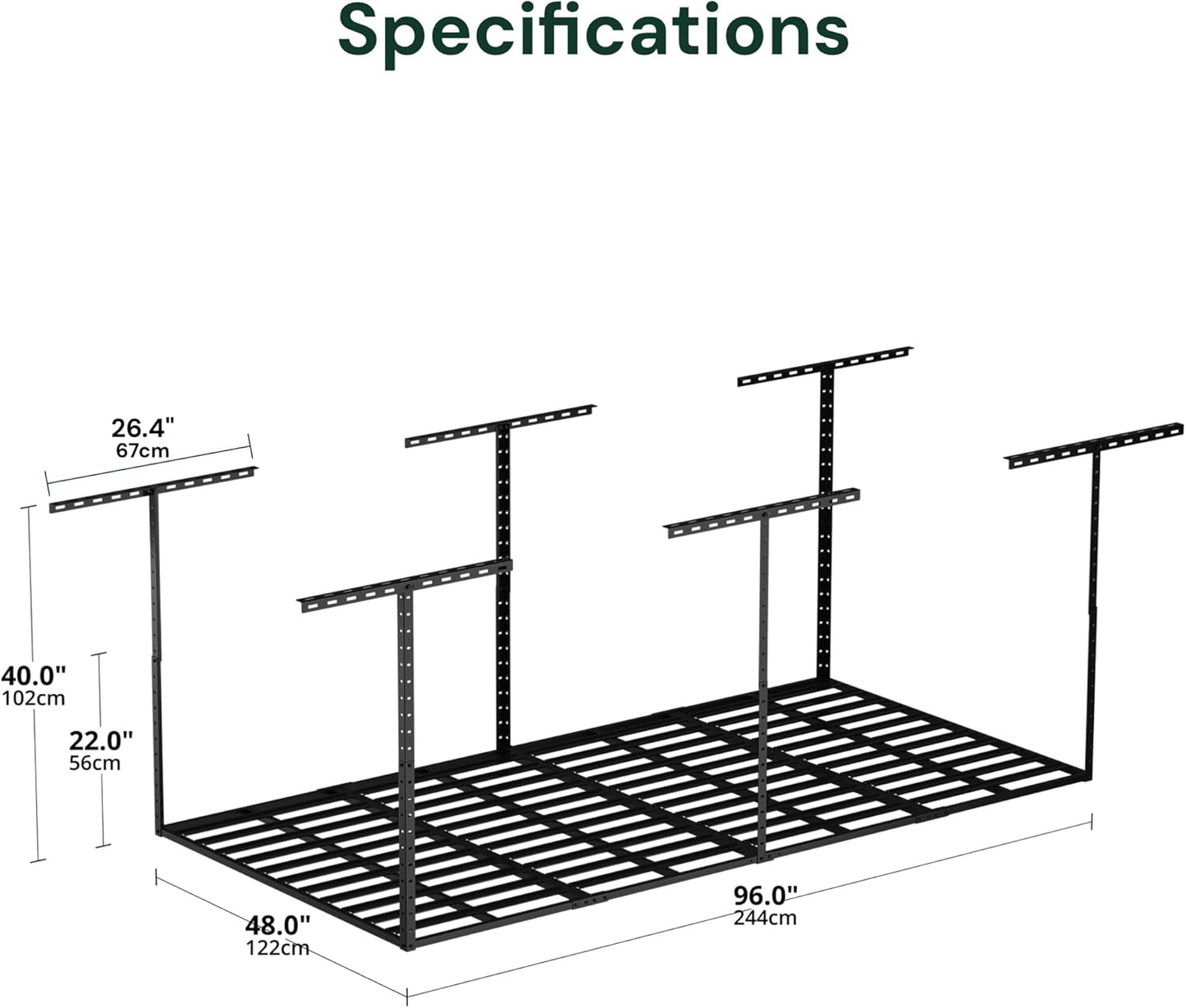 SunsGrove 4x8 Overhead Garage Storage Rack Organization, Adjustable Ceiling Mounted Storage Racks, 800LBS Weight Capacity, 22"-40" Ceiling Dropdown, Black