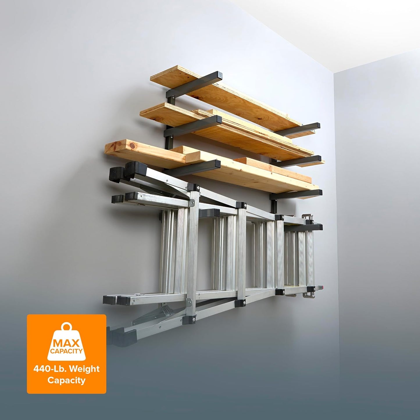 Bora 4-Level Lumber Storage Rack Wood and Garage Organization Space-Saving Metal Shelf for Pipes, Boards, Plywood, and Building Materials - PBR-004B Black Gray