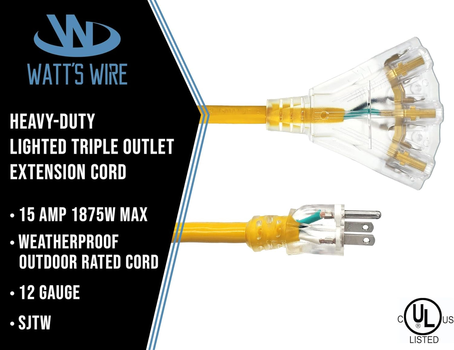 25 ft - 12 Gauge Heavy Duty Extension Cord - 3 Outlet Lighted SJTW - Indoor/Outdoor Extension_Cord by Watt's Wire - 25' 12-Gauge Grounded 15 Amp ExtensionCord
