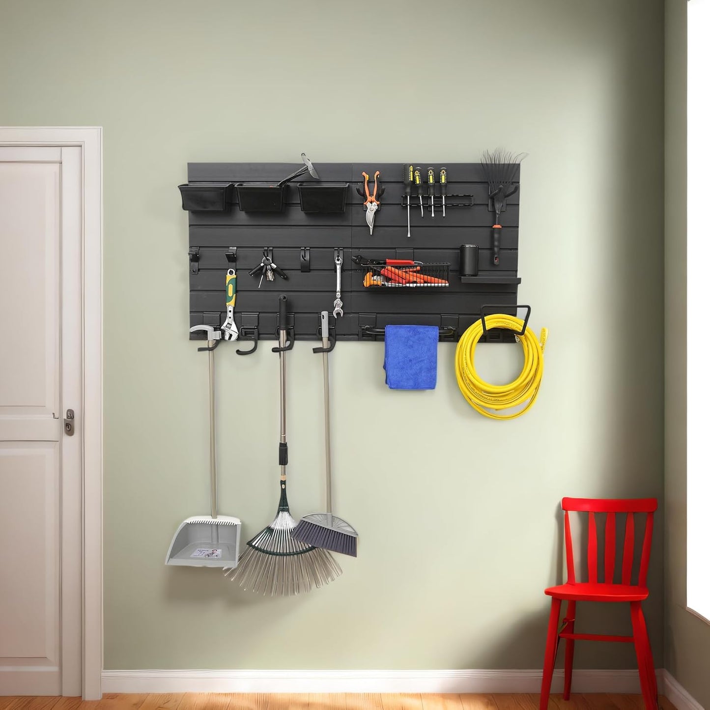 Black Tool storage wall Broom Holder Mop Hanger Wall Mount Plastic nano-molecule Organization Garage Storage System Garden Kitchen Tool Organizer Wall Control 2ft 3.8 ft.