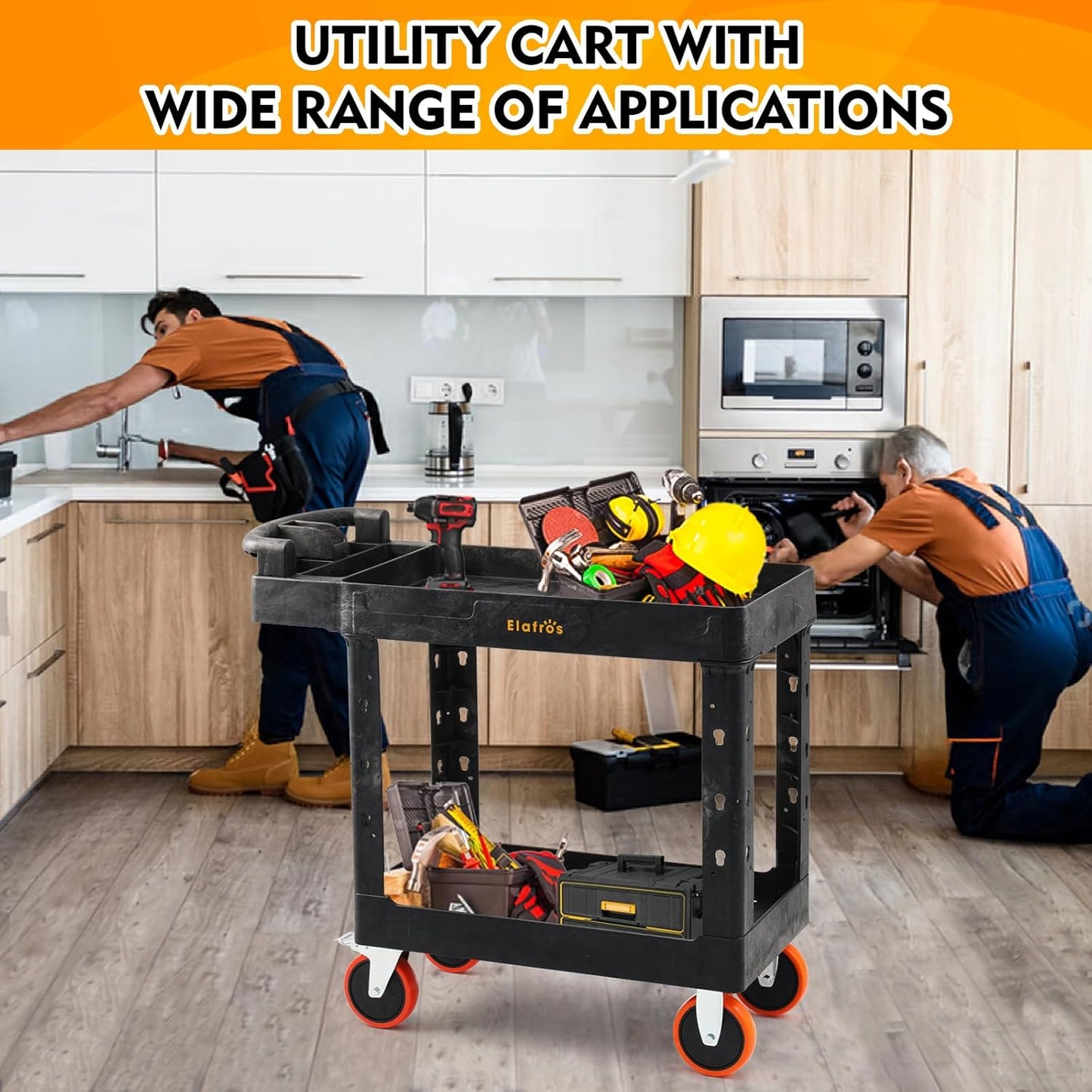 ELAFROS Heavy Duty Plastic Utility Cart 41.3 x 17 Inch - Ergonomic Handle Work Cart Storage W/Deep Shelves and 2 Fixed 2 Swivel Wheels Safely Holds up to 550 lbs - 2 Tier Service Cart with 6" Wheels