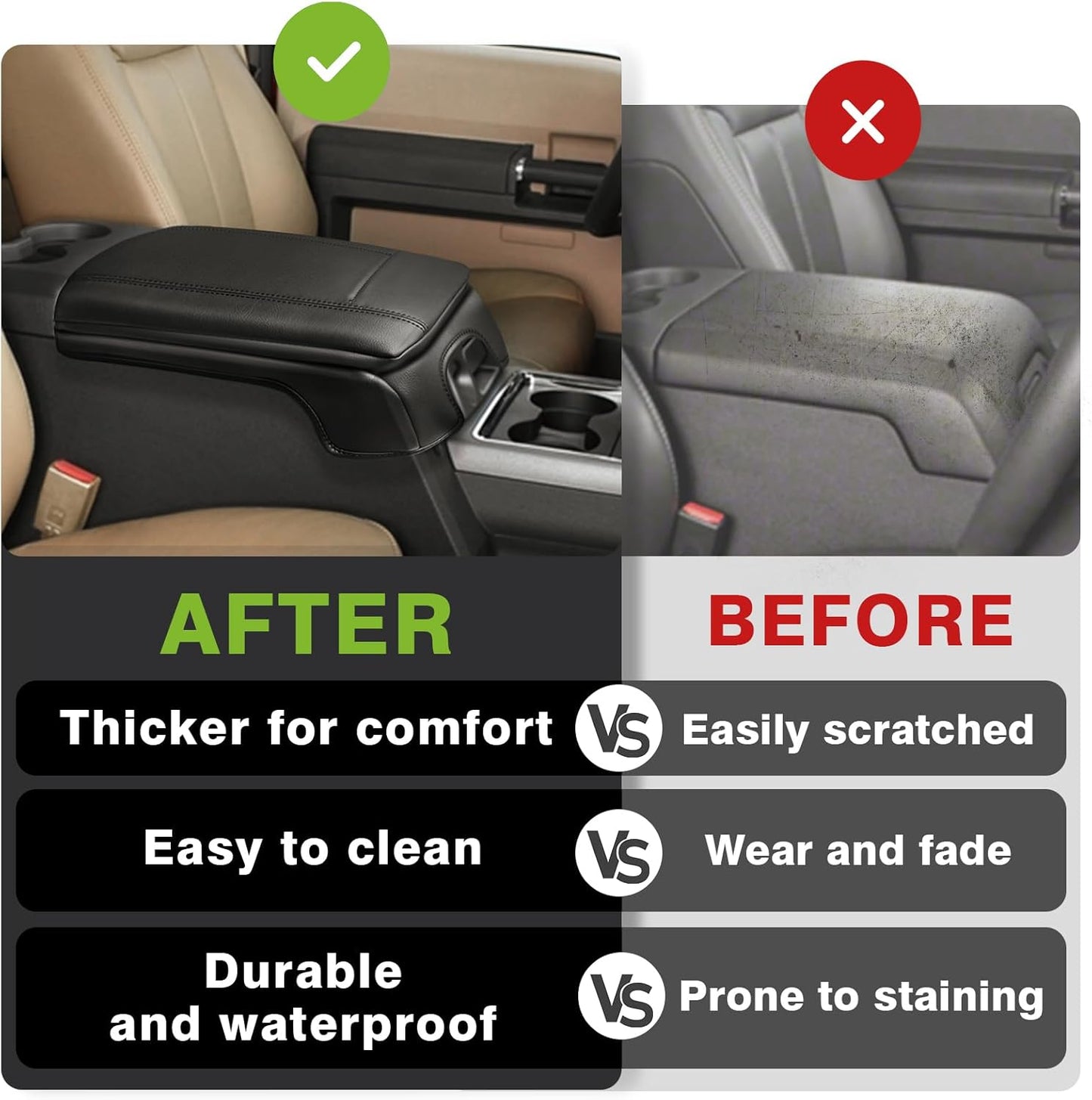 Muslogy Center Console Armrest Cover Compatible with Ford F250 F350 F450 2011-2016 Super Duty Comfort Armrest Pad Arm Rest Cushion Vegan Leather Protector 1-Inch Extra Thick(Bucket Seat ONLY)