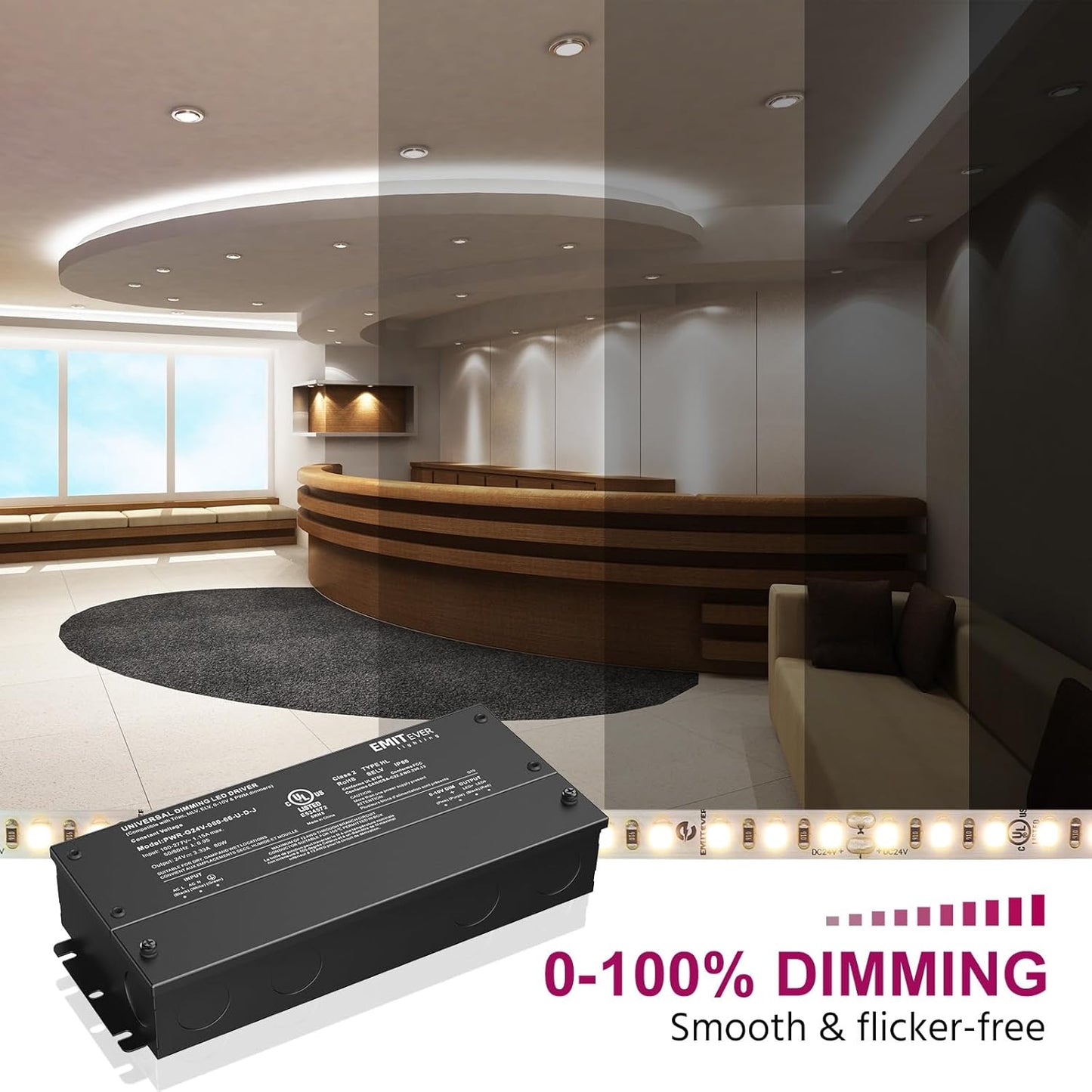 EMITEVER Dimmable Led Driver, 80W AC 110V-277V to DC 24V Transformer, 5-in-1 Dimming: ELV/MLV/TRIAC / 0-10V / 1-10V / 10V PWM/Potentiometer,Class 2,Waterproof IP67 and UL Listed，Class 2