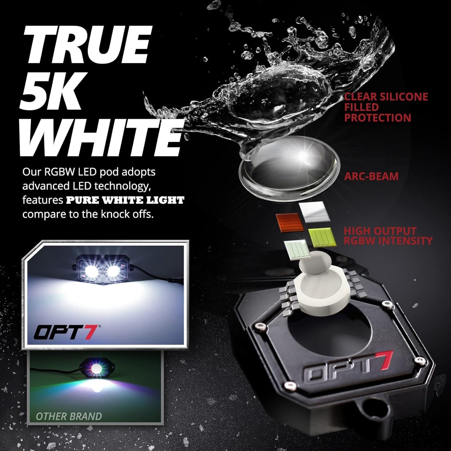 OPT7 Quantum Pro RGBW LED Rock Lights with Bluetooth APP and Remote Control, 4 Pods Wide Angle Multicolor Neon Underglow Lighting Kit with Extension Wire, IP68 Waterproof for Offroad Truck ATV UTV SUV