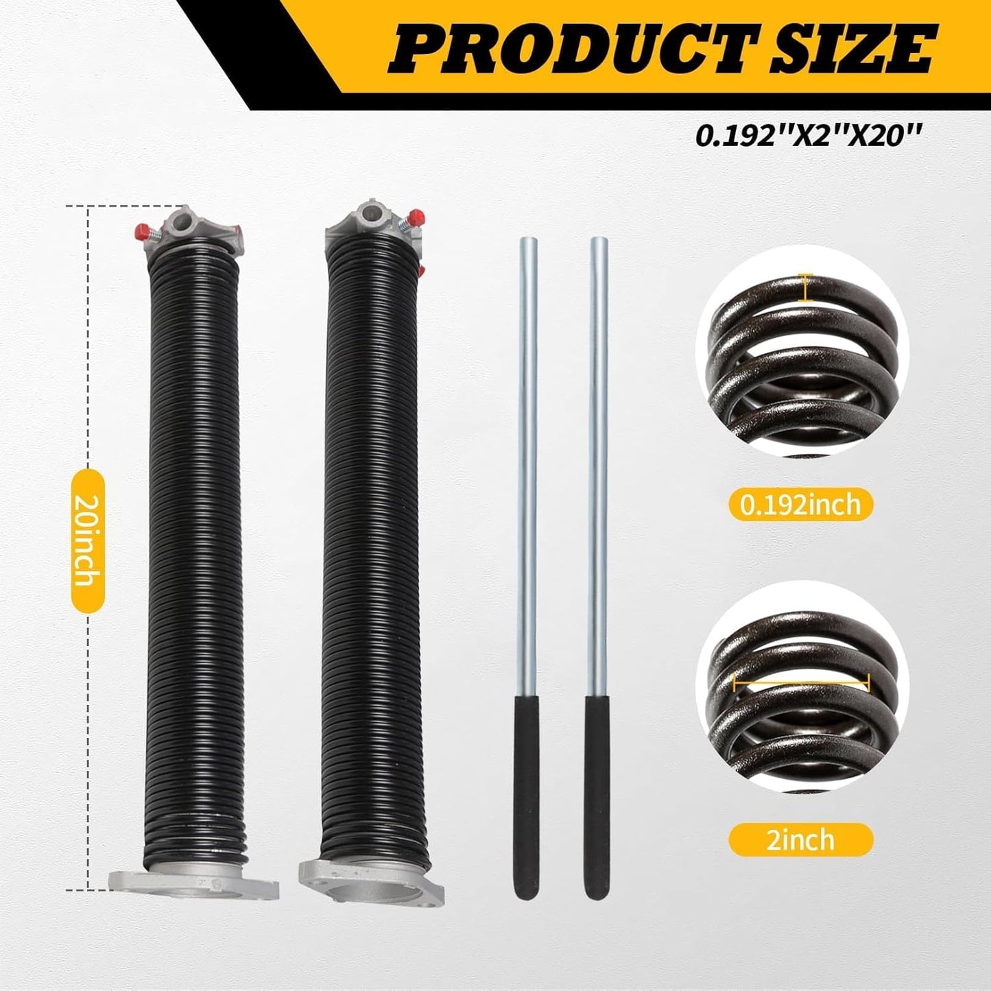 Pair of 2"Garage Door Torsion Springs Set with Non-Slip Winding Bars, Electrophoretic Coated (0.192X2"X20")