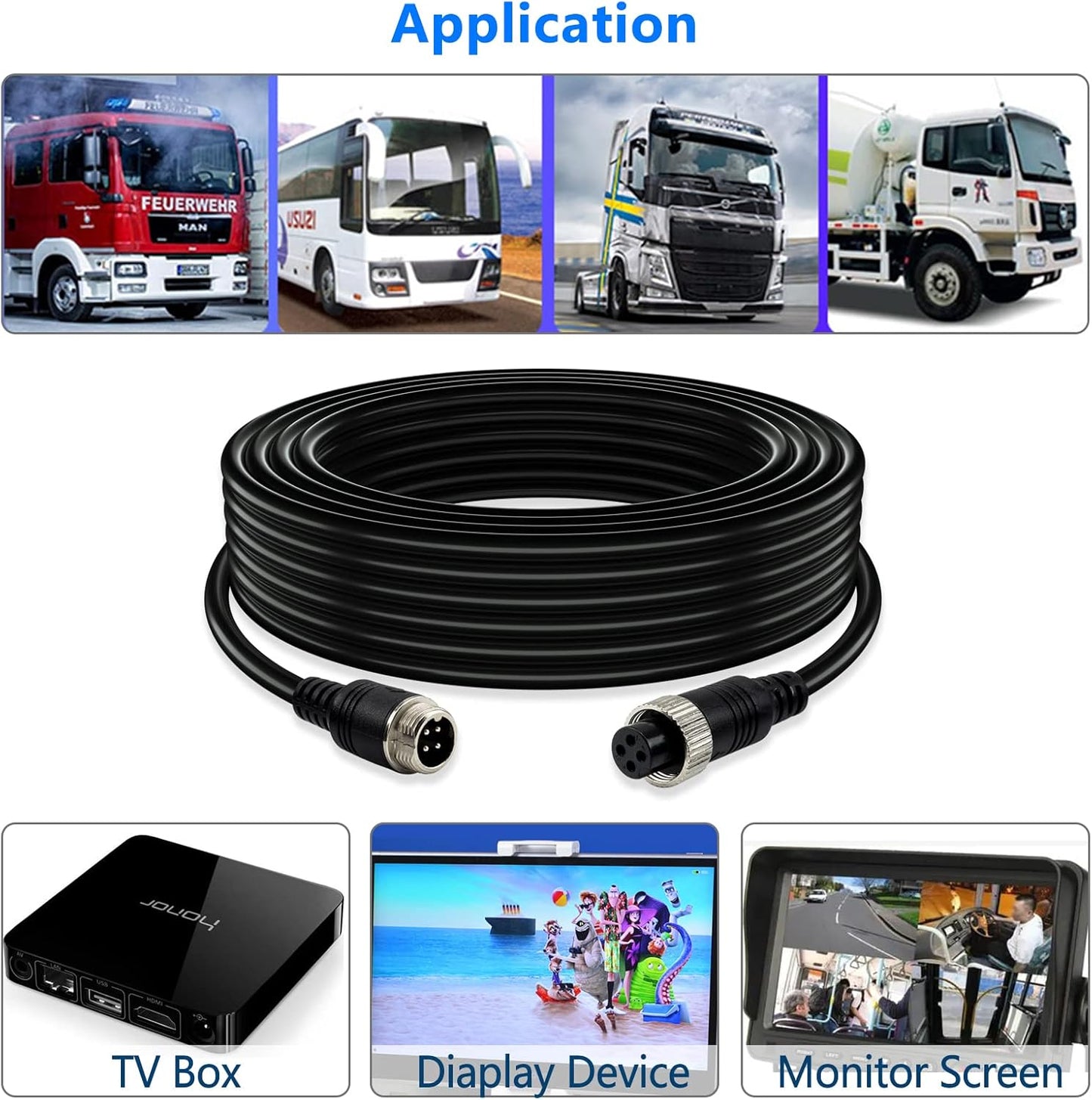 50FT Car 4-Pin Aviation Video Extension Cable，15m Car Video Extension Cable for CCTV Rearview Camera Truck Trailer Camper Bus Motorhome Vehicle Backup Monitor Waterproof Shockproof System