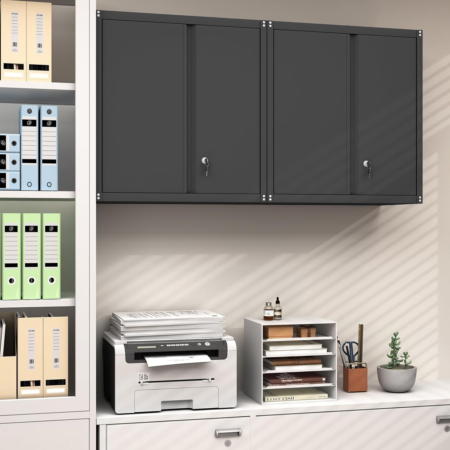 GREATMEET Locking Metal Wall Cabinets for Garage, Garage Cabinets Wall Mount, Steel Floating Hanging Storage Cabinet with Doors and Adjustable Shelf for Utility Room