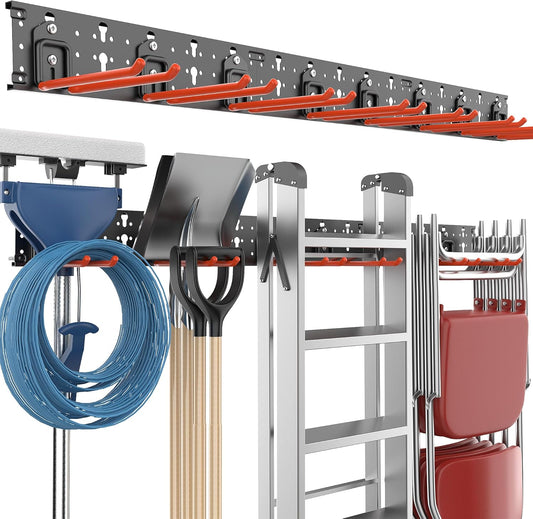 EVERHANGER Garage Tool Storage Organizer Wall Mount, Versatile Garden Tool Rack Organization, Folding Chair Hangers with 8 Multifunctional Hooks, Max Load 330lb, 48inch