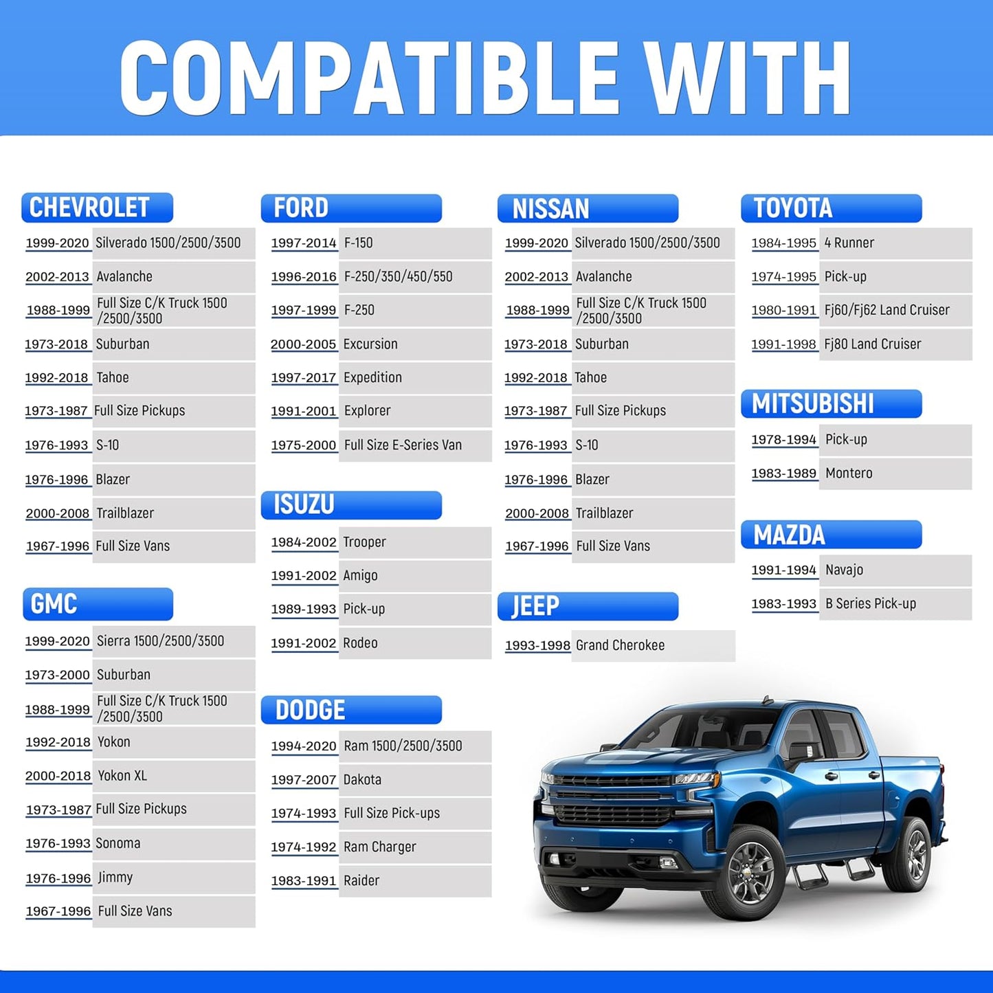 Kojem 2 Pcs Universal Side Step Compatible with 1967-2020 Chevy Chevrolet GMC Ford Isuzu Mitsubishi Dodge Jeep Nissan Toyota Mazda Side Hoop Step Electrophoresis Black Aluminum