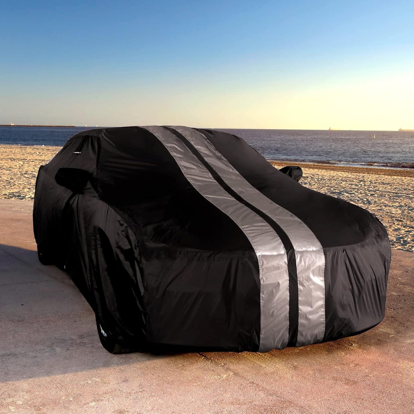 iCarCover Custom Car Cover Compatible with Mustang GT 1979-2004, Waterproof All Weather Rain Snow UV Sun Protector Full Exterior Indoor Outdoor Car Covers, Stripe (Black/Gray)