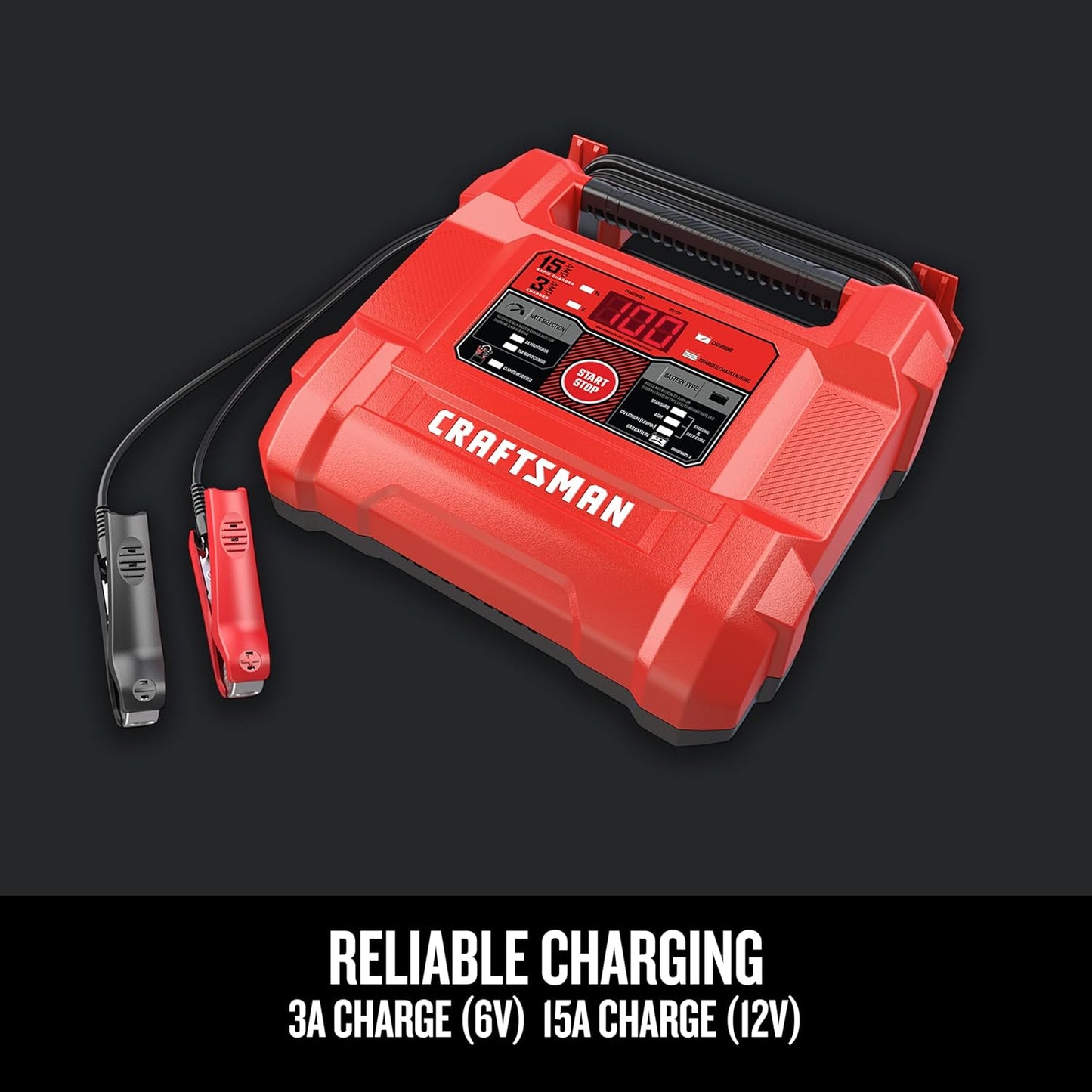 CRAFTSMAN Battery Charger and Maintainer, CMXCESM162, 4-in-1, Fully Automatic, Battery Tester, 15 Amps, 6 Volt, 12 Volt, for Car, SUV, Truck and Marine Batteries