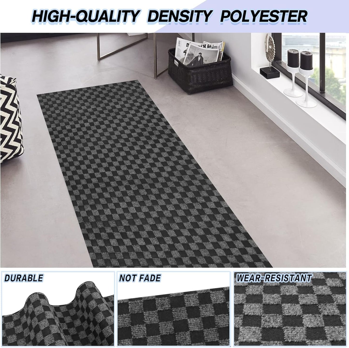 Custom Size Backed Non-Slip Area Rugs Runner, Easy Clean, Waterproof Runner Rugs for Hallway Entryway, Kitchen, Laundry, 4FT x 39FT, Gray Checkered