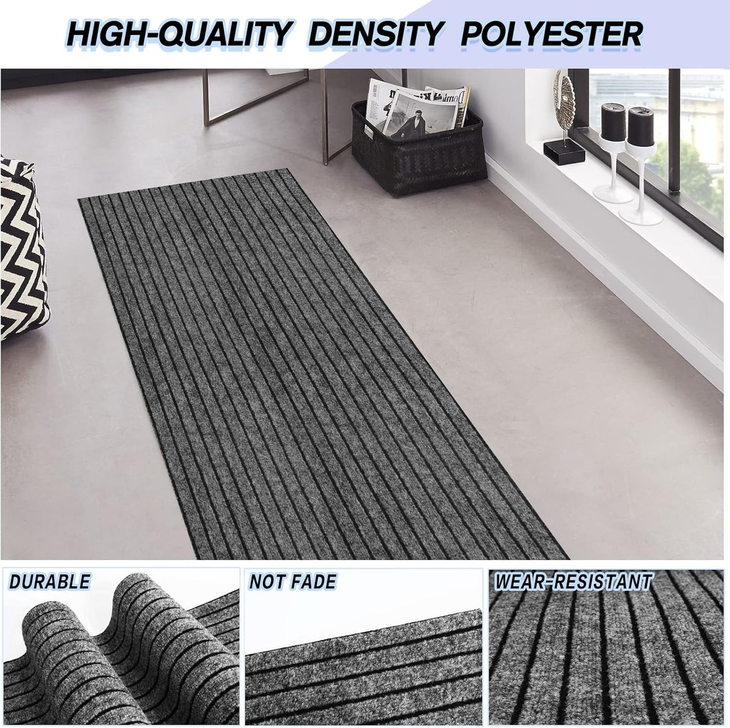 Custom Size Backed Non-Slip Area Rugs Runner, Easy Clean, Waterproof Runner Rugs for Hallway Entryway, Kitchen, Laundry, 3FT x 64FT, Gray Stripe