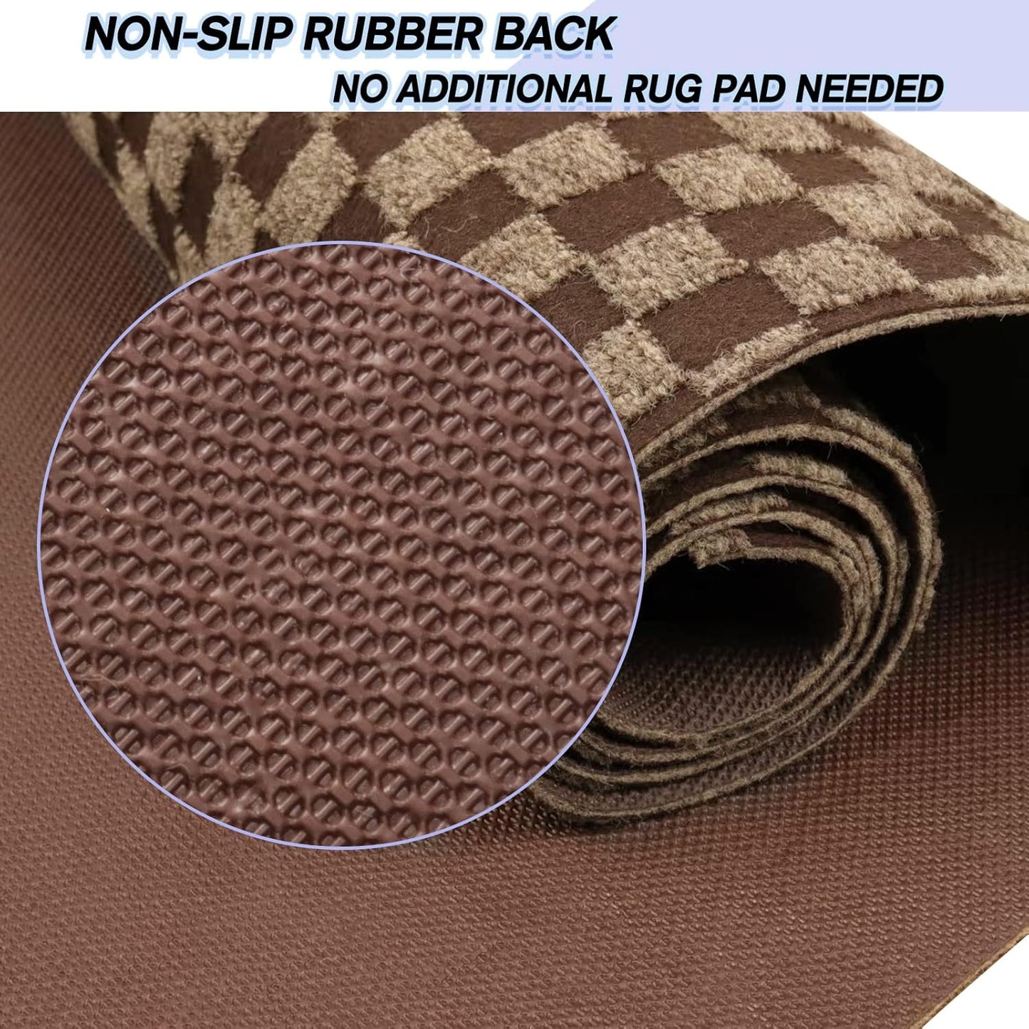 Custom Size Backed Non-Slip Area Rugs Runner, Easy Clean, Waterproof Runner Rugs for Hallway Entryway, Kitchen, Laundry, 2FT x 50FT, Brown Checkered