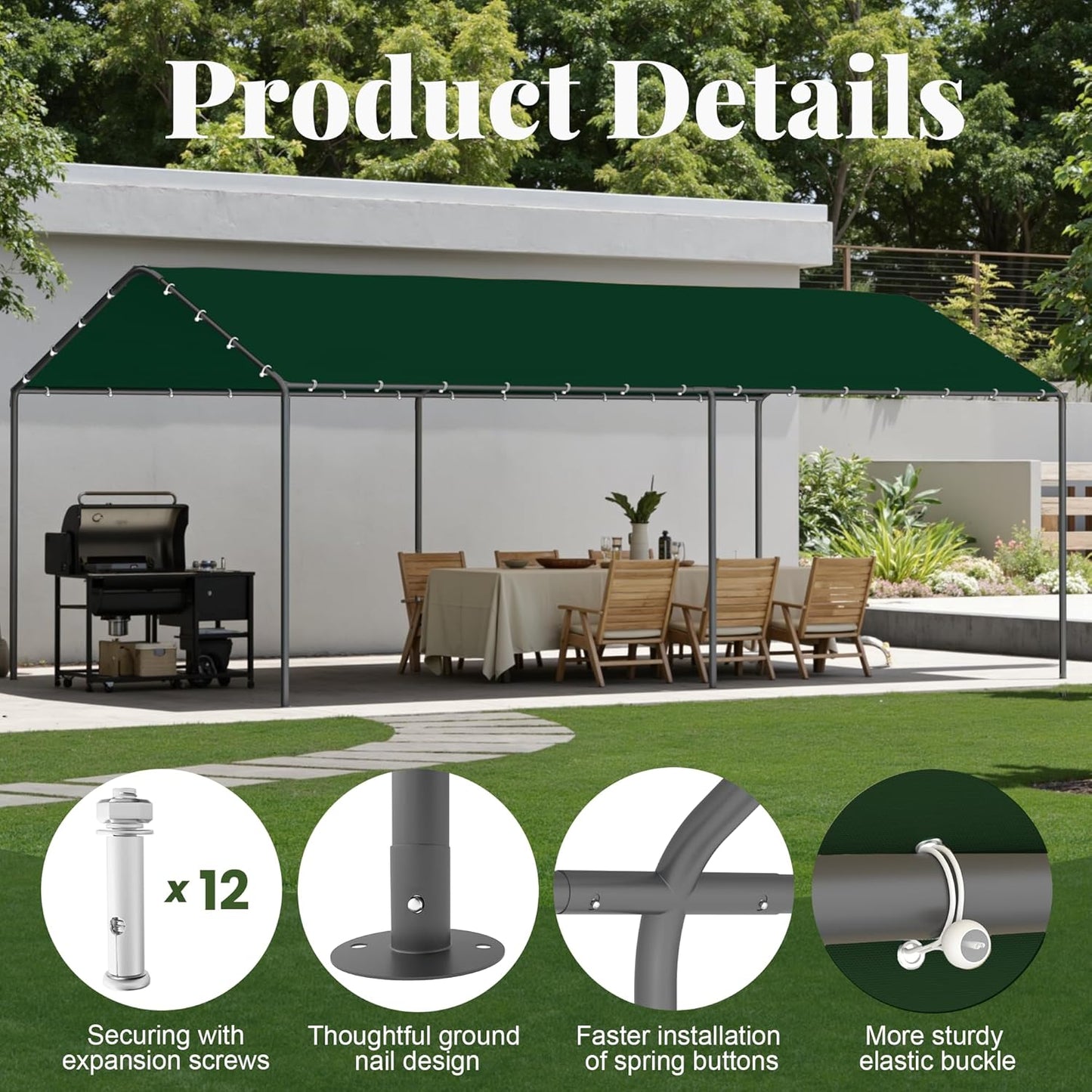 GOJOOASIS 10x20 Carport Heavy Duty Portable Garage Shelter Metal Car Canopy Tent with UV-Resistant & Weatherproof Top Cover for RV & Vehicles (Green, 10x20 Without sidewalls)