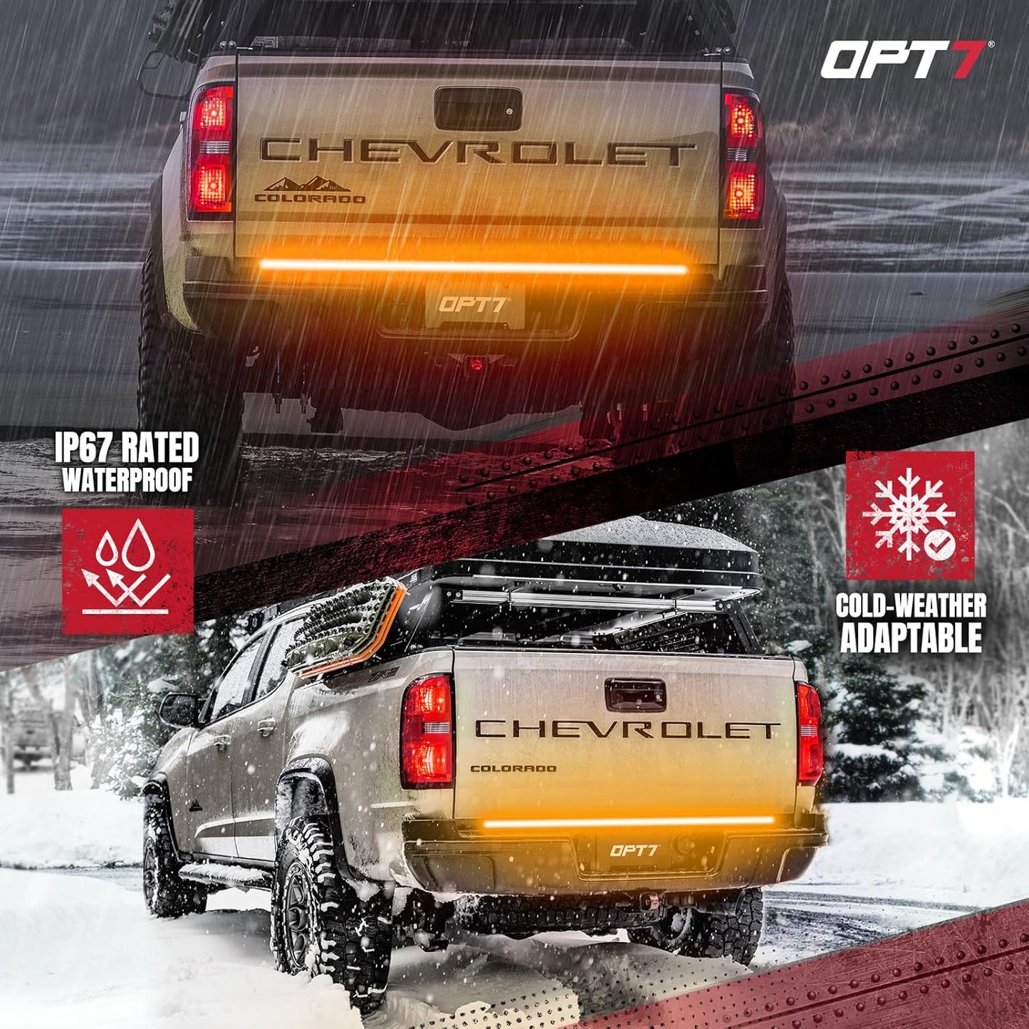 OPT7 48" Redline Triple Row LED Tailgate Light Bar w/Sequential Amber Turn Signal - Weatherproof Rigid Aluminum Frame Light Strip for Colorado Canyon Frontier - Full Functions Reverse Brake Running