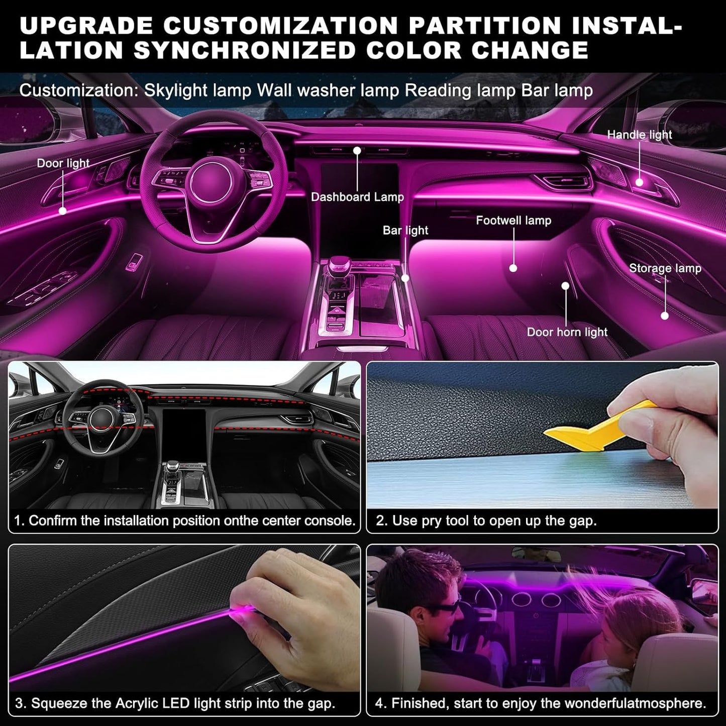 Acrylic Interior Car LED Strip Light with Wireless APP, RGB 18 in 1 with 175 inches 612 LEDs Fiber Optic Strip Lights for Car, Dual Zone Music Sync Neon Car Ambient Lighting Kits