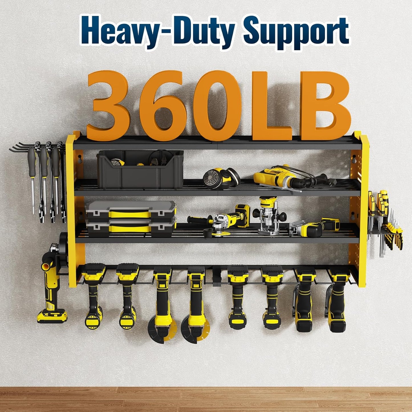 Tomorotec Wall-Mounted Power Tool Storage Rack for Drill, Toolbox & Accessories, Heavy-Duty Steel Organizer with Side Hooks and Adjustable Shelves, Easy Installation Garage & Workshop Storage (Yellow)