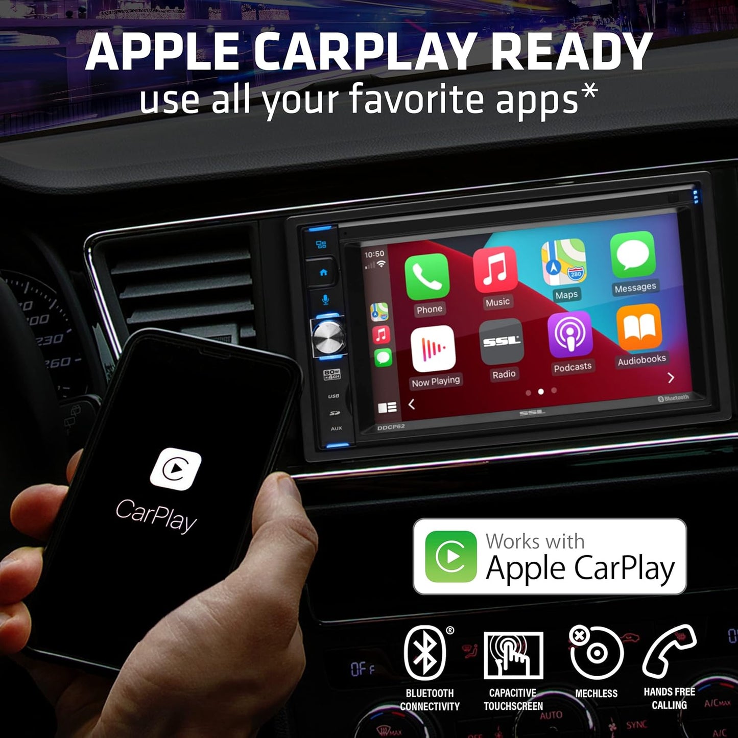 Sound Storm Laboratories DDCP62 Car Stereo - Apple CarPlay, Double Din, 6.2 Inch Capacitive Touchscreen, Bluetooth, No DVD CD Player, AM/FM Radio Receiver, Wireless Remote Control