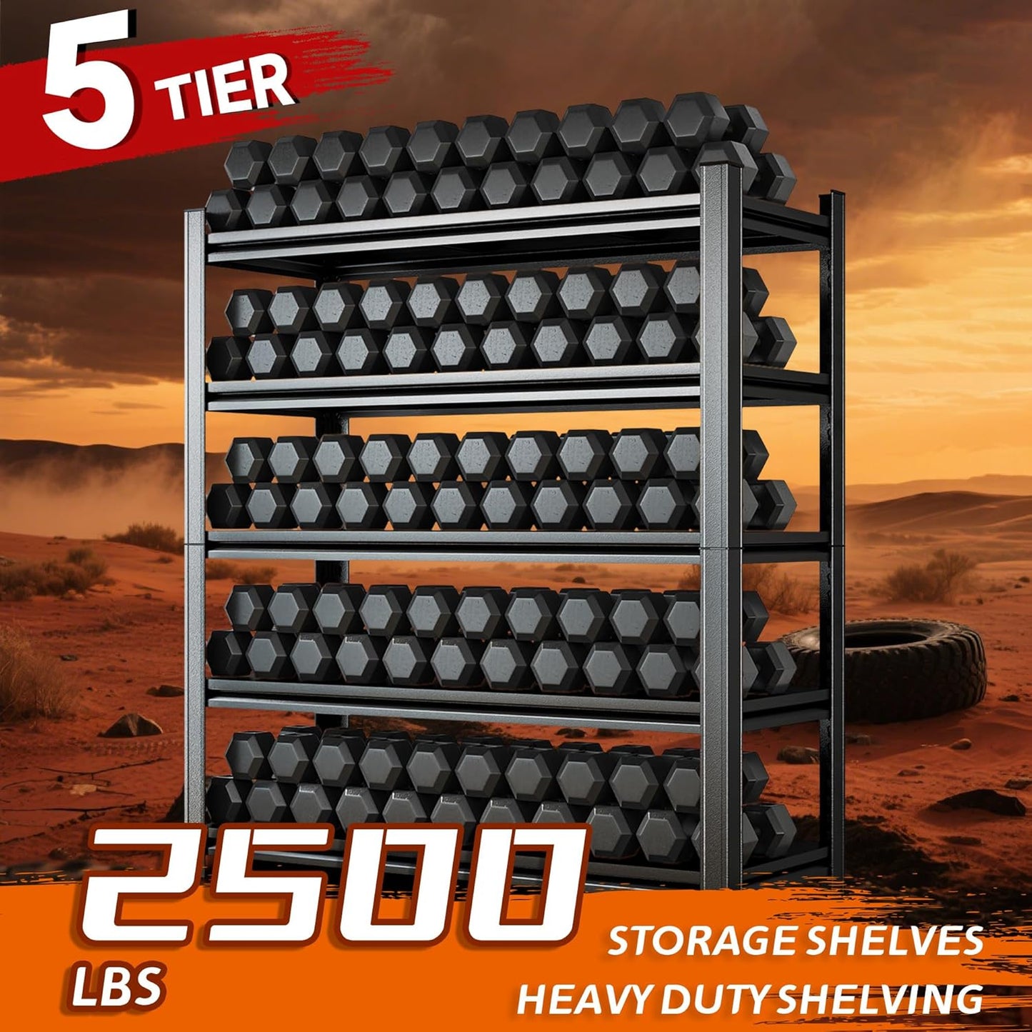 5-Tier Heavy Duty Metal Shelving Unit, 2500LBS Capacity Garage Storage Shelf, Industrial Adjustable Storage Rack for Warehouse, Basement, Commercial & Home Use (77" H x 35.4" W x 15.7" D,Black)
