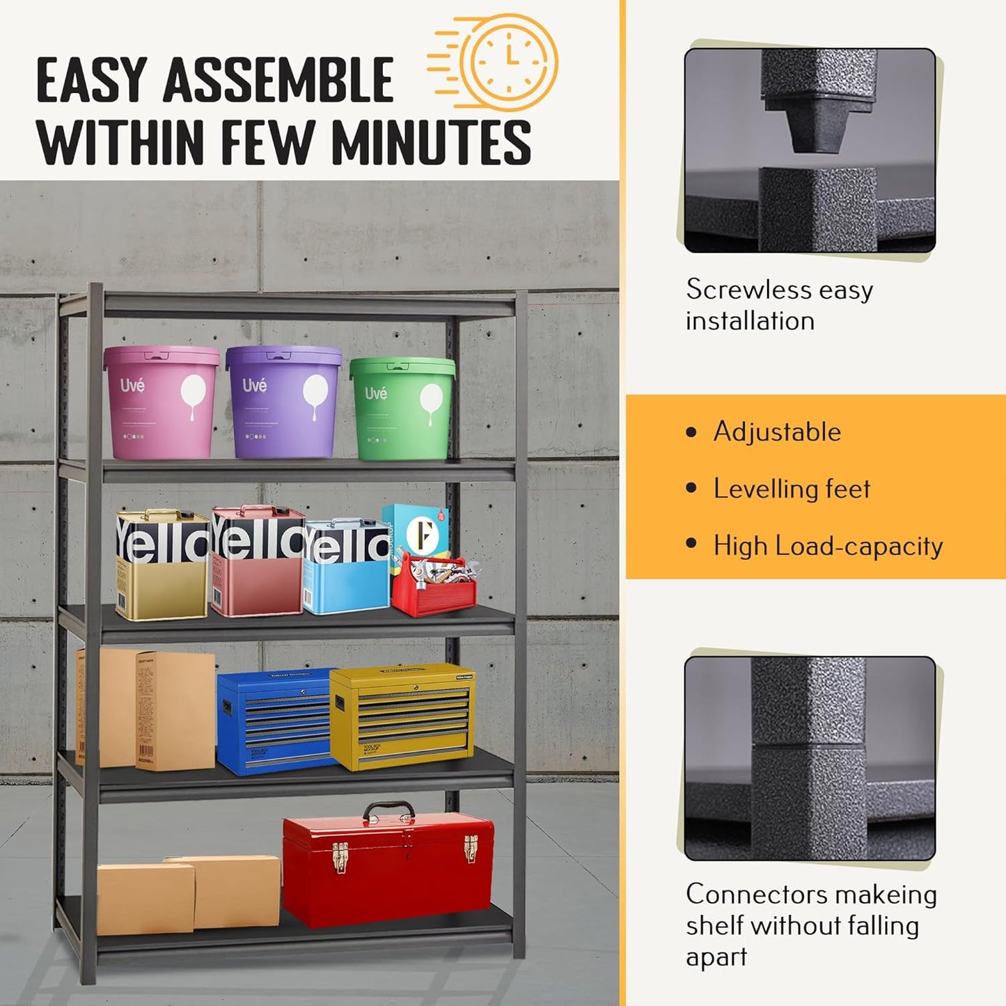 Rigma 5 Tier Garage Shelf, Heavy Duty Steel Shelving Unit, Adjustable Metal Multi-use Storage Rack, Shelves for Garage, Basement, and Industrial Warehouse Or Office (47" W X 20" D X 72" H 5-Tier)