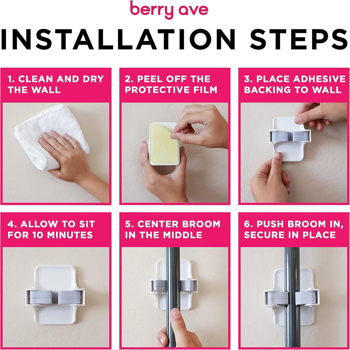 Combo 5 Slot Broom Holder w/ 1 Self Adhesive Mop Gripper No-Drilling, Wall Mount Tool Organizers For Kitchen, Garage, Laundry Room- Anti-Slip Hanger For Brooms, Mops, Rakes, Dustpans (Grey / White)