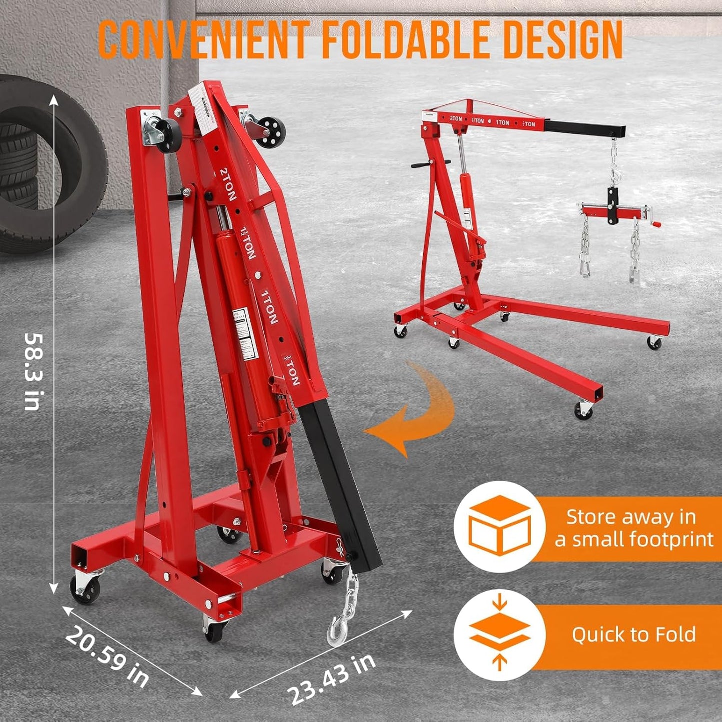 2 Ton Engine Hoist, Folding Cherry Picker Engine Hoist with Lever and 6 Casters, Heavy Duty Hydraulic Shop Crane, Engine Crane Lifter for Workshops Garage Warehouse, Red