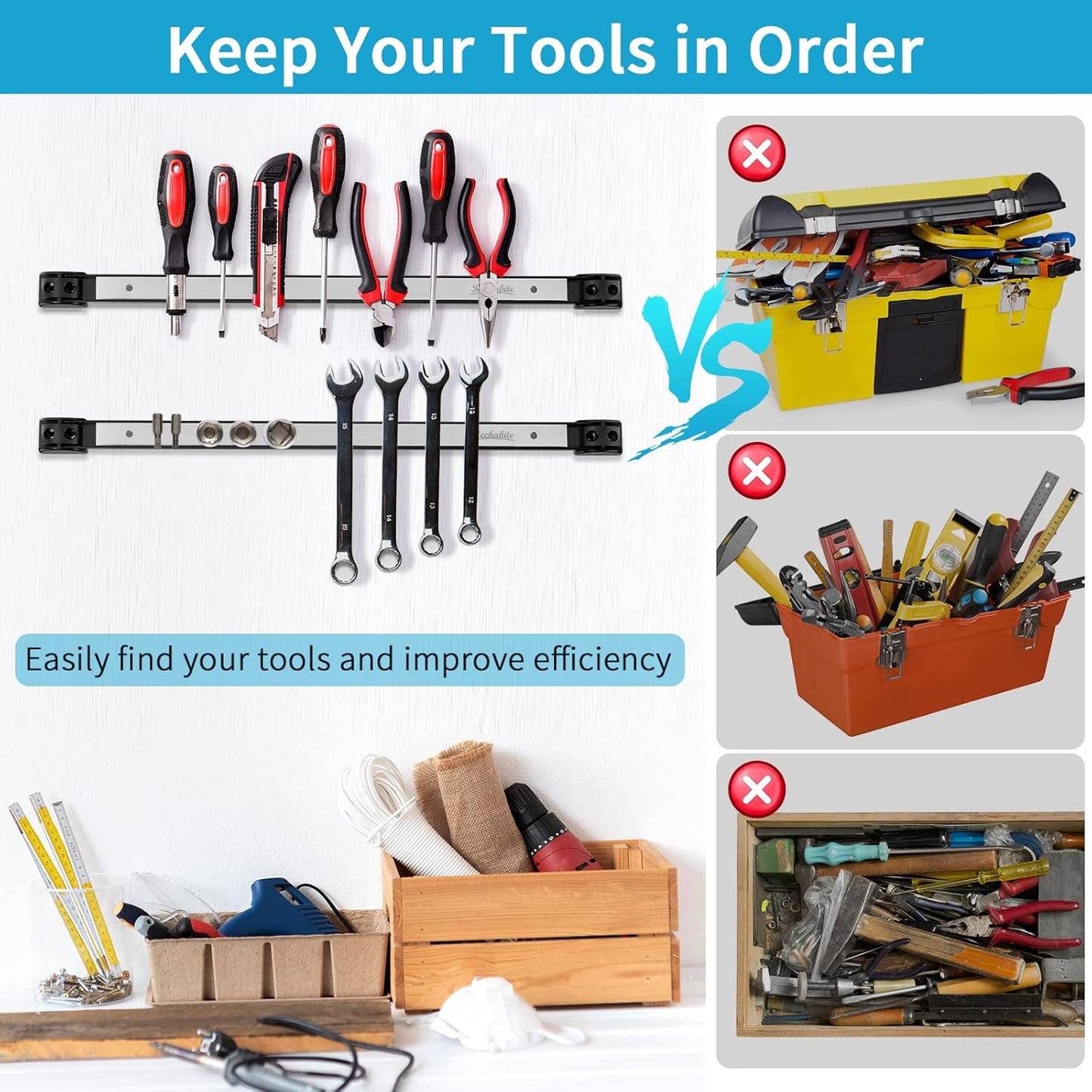 12" 18" 24" Magnetic Tool Holder Strip, Stainless Steel Surface Tool Magnet Bar, Metal Tool Organizer Rack for Garage Organization, Easy To Install in Workshop, Mounting Screws Included