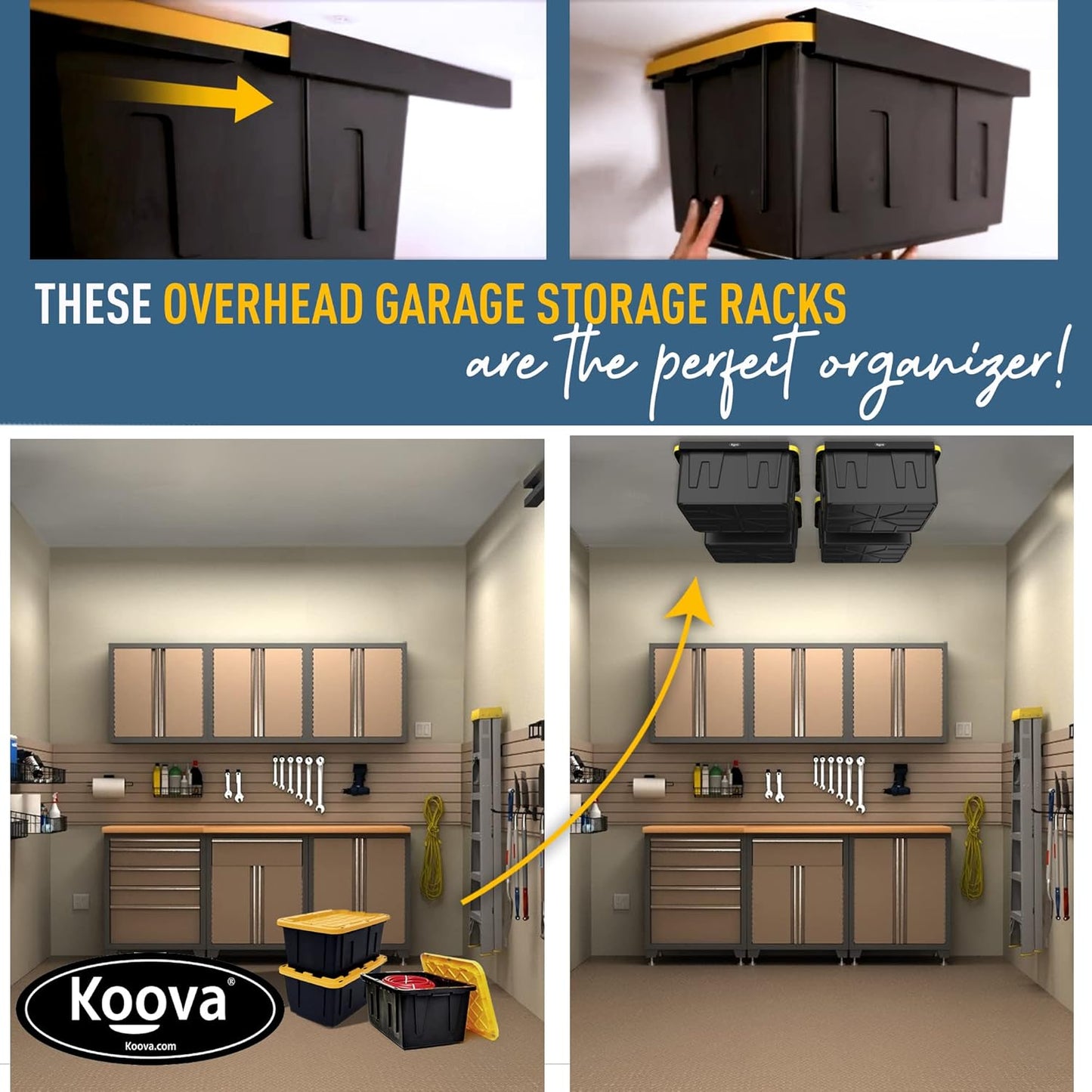 Koova Heavy-Duty Overhead Garage Storage Rack for 4 Bins. Adjustable Width, 160lb Capacity. DIY Safe Ceiling Mount, Easy Install. Fits 27-Gallon Totes. USA Made Pro-Grade Steel. Space Saving Organizer