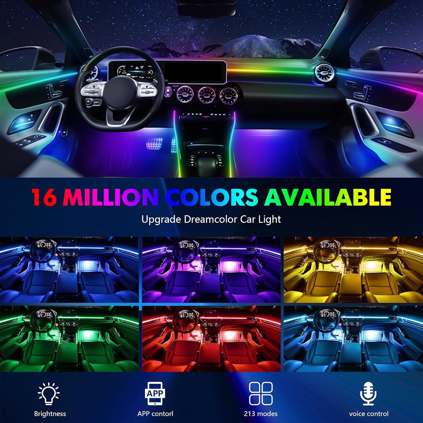2025 Upgraded Dreamcolor Acrylic Interior Car LED Strip Light with Self-Developed App Dreamcolor RGB 14 in 1 | Dual Zone Control | Super Brighter Strips | Music Sync Ambient Lighting Car Interior