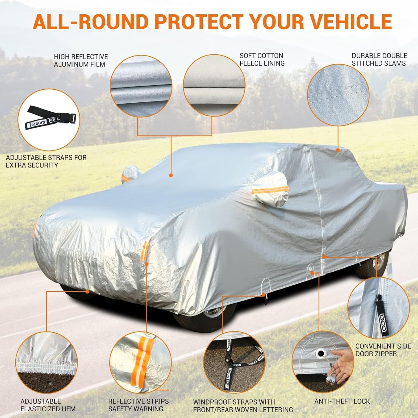 Tecoom Truck Cover Waterproof All Weather, 3 Layers Full Pickup Cover, Fleece Lining Outdoor Cover with Zipper Door/Lock for Snow Rain Protection, Universal Fit Regular/Extended/supercrew Cab