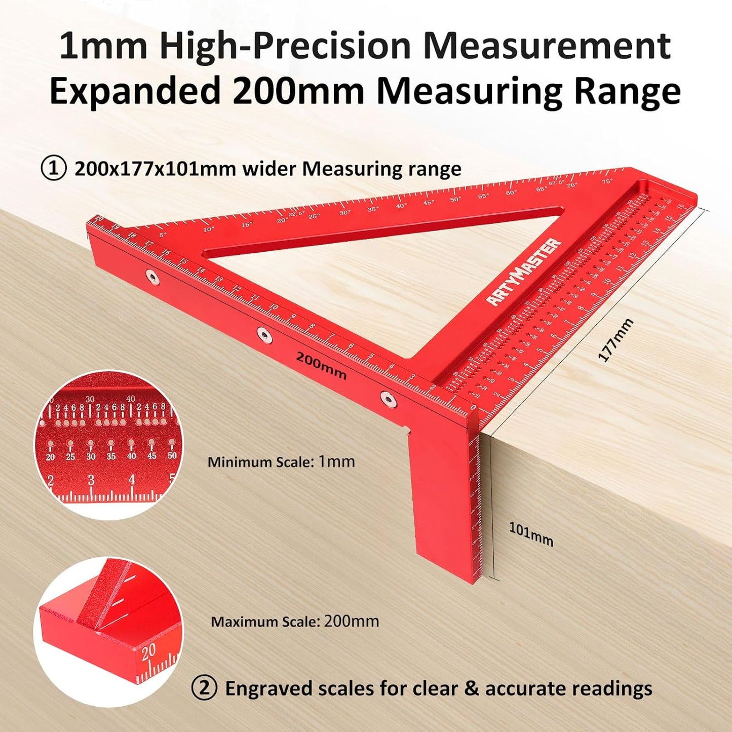 200mm 3D Multi-Angle Measuring Square Ruler, WT103D High Precision Hole Scribing Woodworking Tools, 0-90° Aluminum Alloy Carpenter Square Wood Working Tools, Carpenter Pencils 6 Refills.