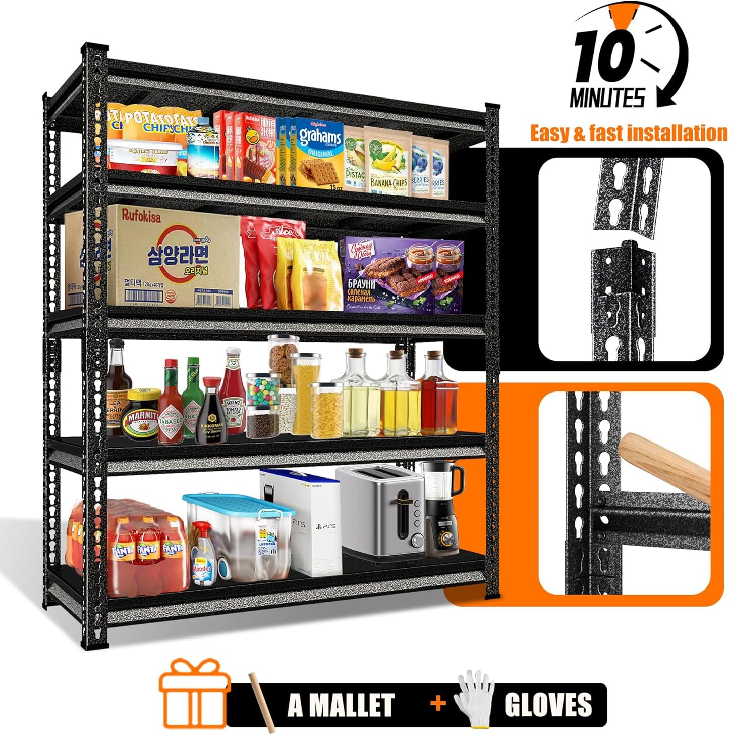 48" W Garage Shelving Heavy Duty，3000LBS Loads Adjustable Garage Storage Shelves, 5-Tier Metal Shelving Units and Storage Racks Heavy Duty, 48”W x 24”D x 78”H，Silver