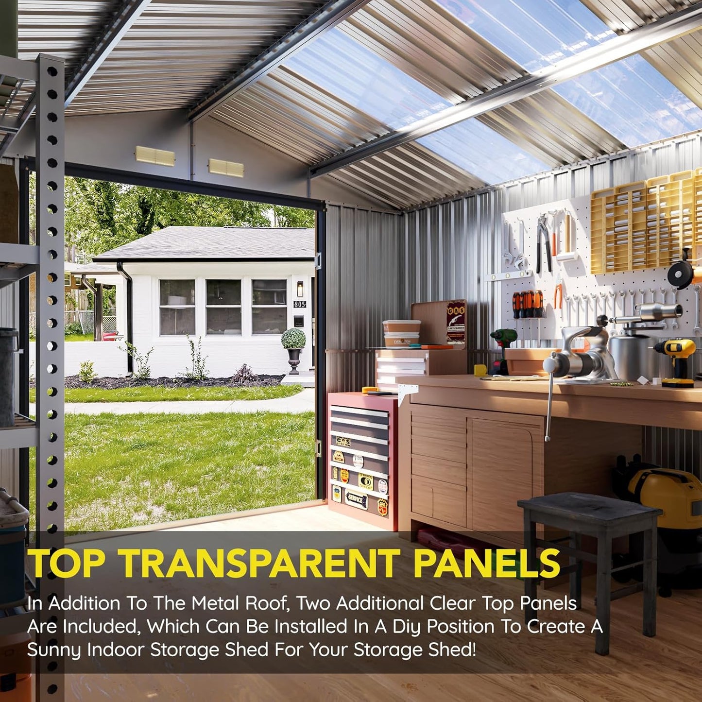 10x12 FT Outdoor Metal Storage Shed, Double Swing Doors, 2 Clear Windows, Replaceable Skylight Roof Panel, Tool Shed for Garden, Patio, Backyard Brown