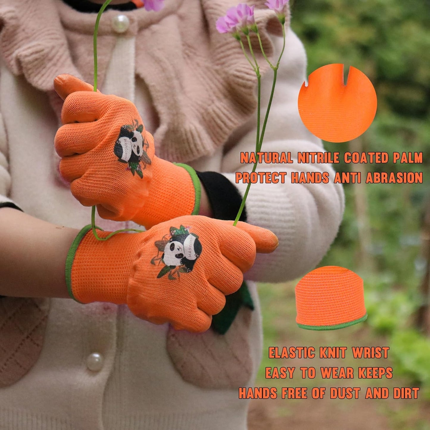 HANDLANDY 2 Pairs Kids Gardening Gloves, Toddler Children Garden Yard Work Outdoor Playing Gloves, Rubber Coating, for Girls Boys Youth (Size L, Orange)