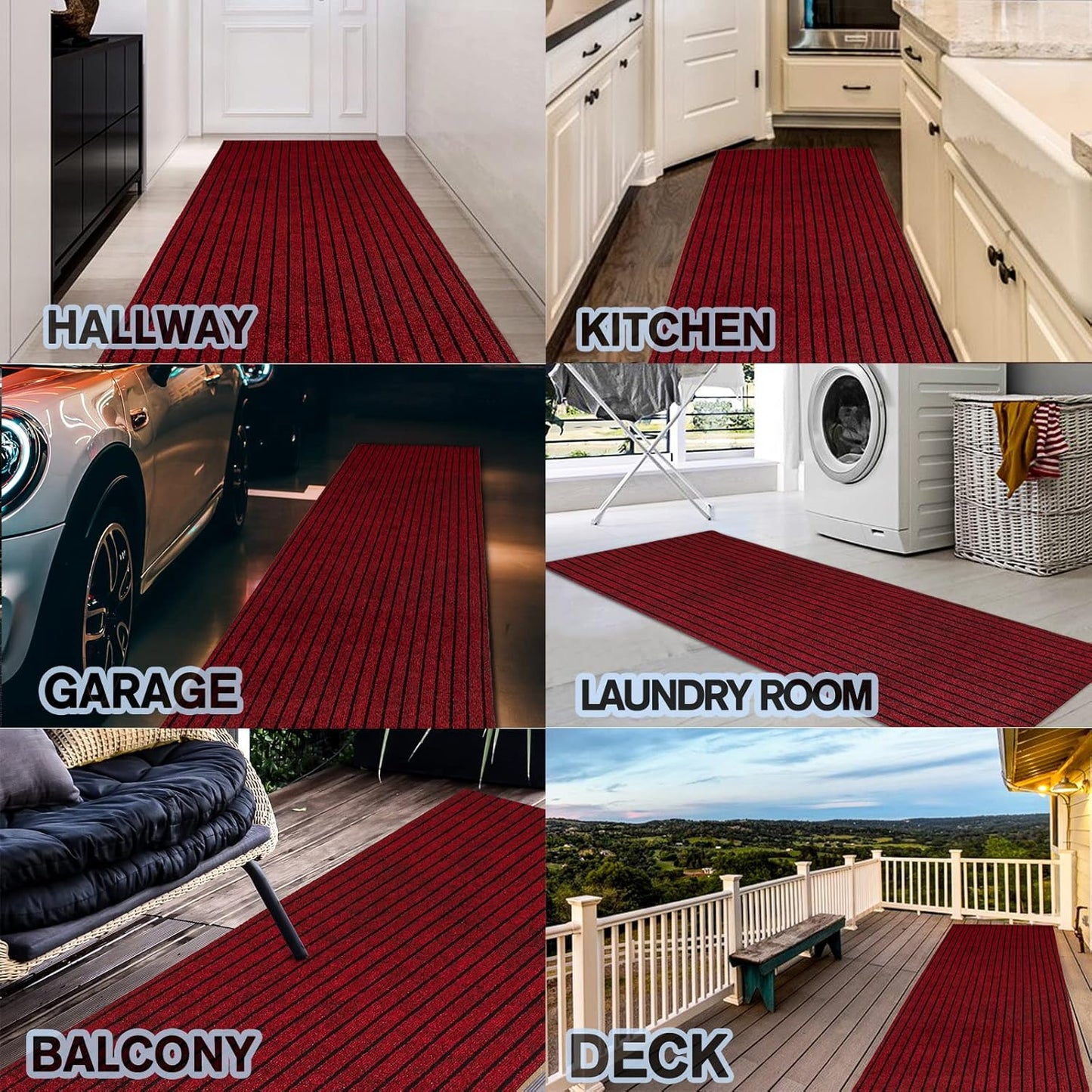 Custom Size Backed Non-Slip Area Rugs Runner, Easy Clean, Waterproof Runner Rugs for Hallway Entryway, Kitchen, Laundry, 2FT x 18FT, Red Stripe